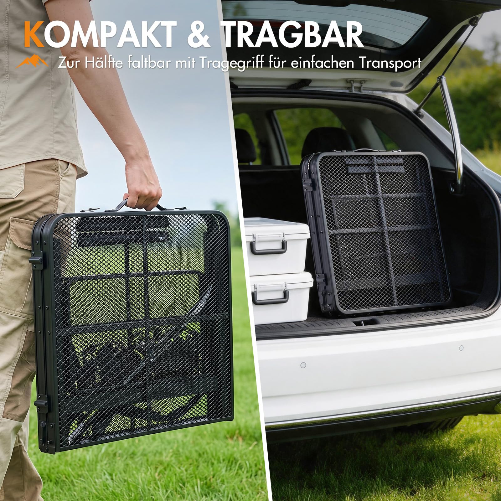 Campingtisch faltbar Grilltisch klappbar 144x60cm groß stabil Outdoor | Eisen-Mesh, wasserfest, hitzebeständig, feuerfest, 2 Höhen, 4-6 prosonen, multifunktionale Zonen, groß, stabil