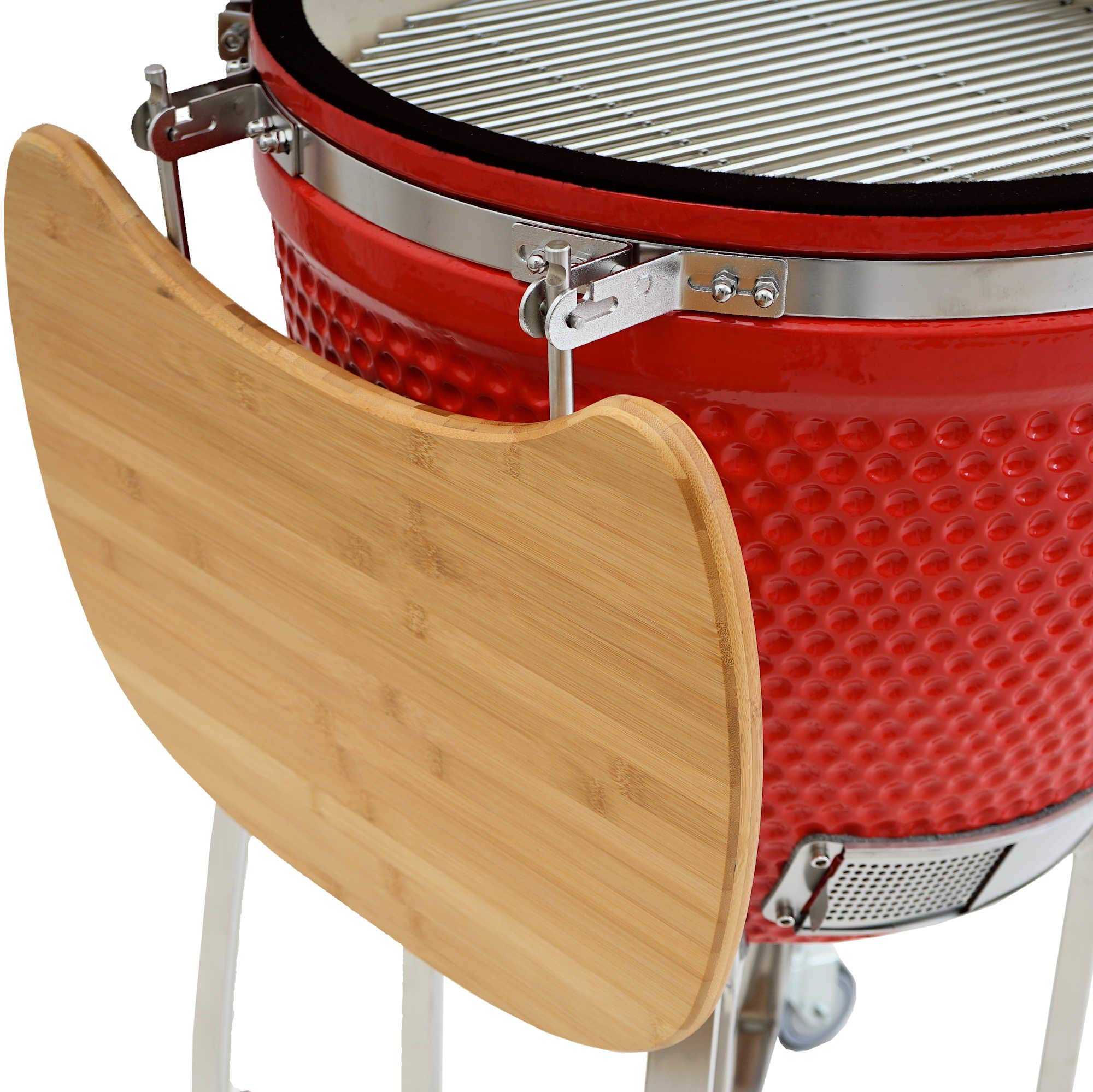 BBQ-Toro Kamado Grill Holzkohlegrill "KURO" Ø 52 cm | Rot | Holzkohlegrill mit Bambusablage, Thermometer, Holzgriffen, Rollen | Keramikgrill rund, Ceramic Grill Ei, Grillofen, Kamado mit Ablage