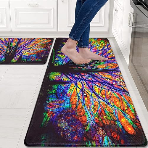 Miniatura 8 de ASPMIZ 2 tapetes de cocina estilo casa de campo acolchados antifatiga, coloridos tapetes de cocina color morado árbol antideslizante, impermeable,