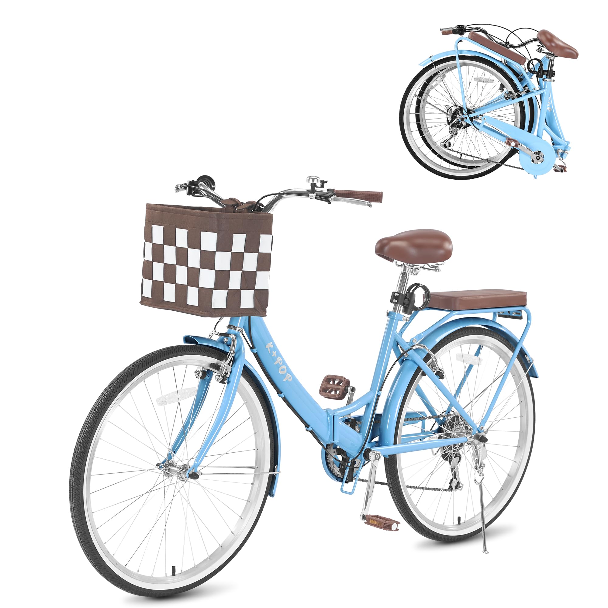 24/26 Inch Foldable Beach Cruiser Bike, 7 Speed Cruiser Bikes for Women, Commute Bike with Basket, Step Through City Bikes for Women Adults Ladies (Blue, 24 inch)