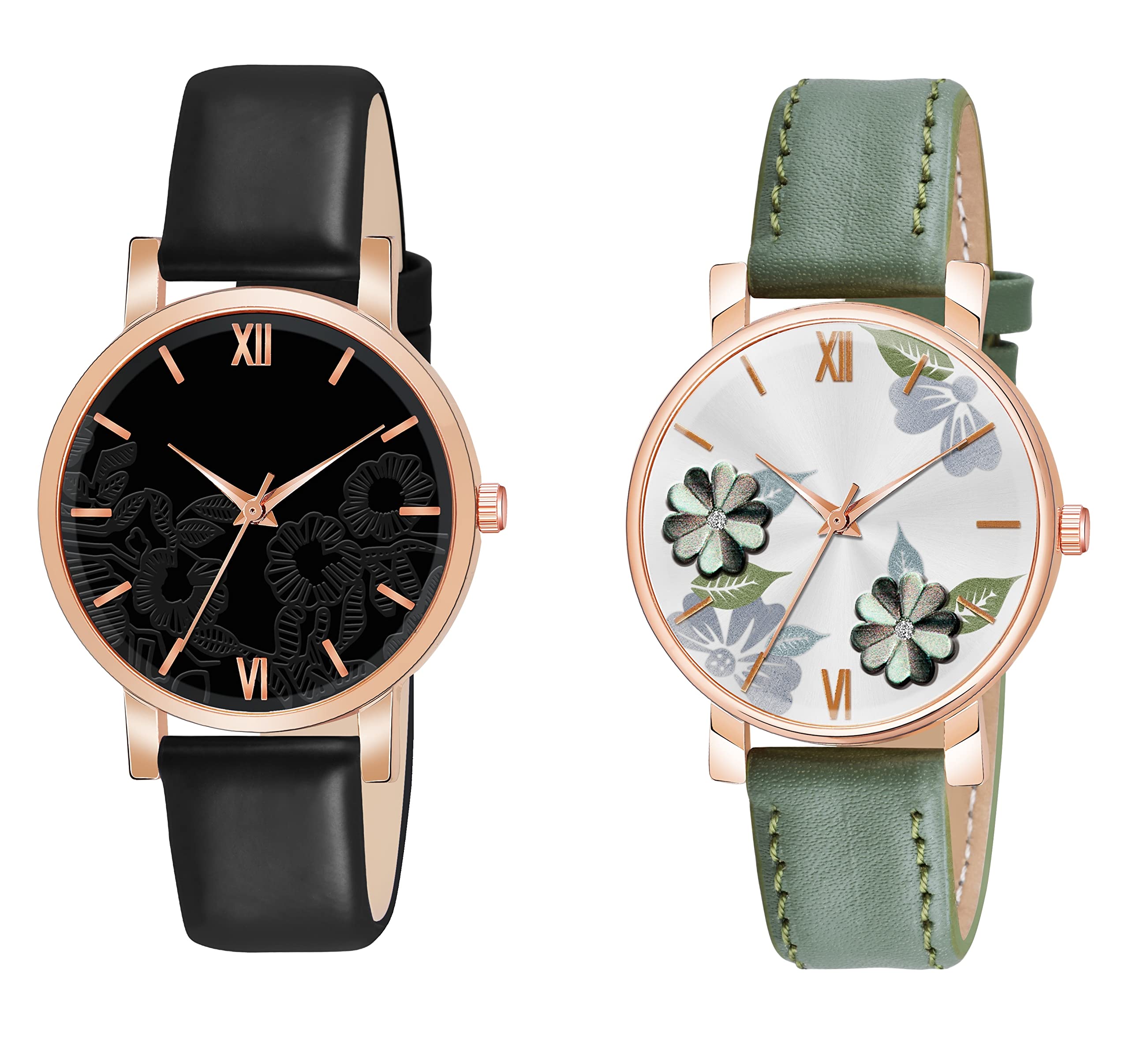 KIARVI GALLERY Analogue Pack of 2 Flower Designer Dial Leather Strap Womens and Girls Watch (Black-Brown) (B0B31WVFQZ) Amazon Price History, Amazon Price Tracker