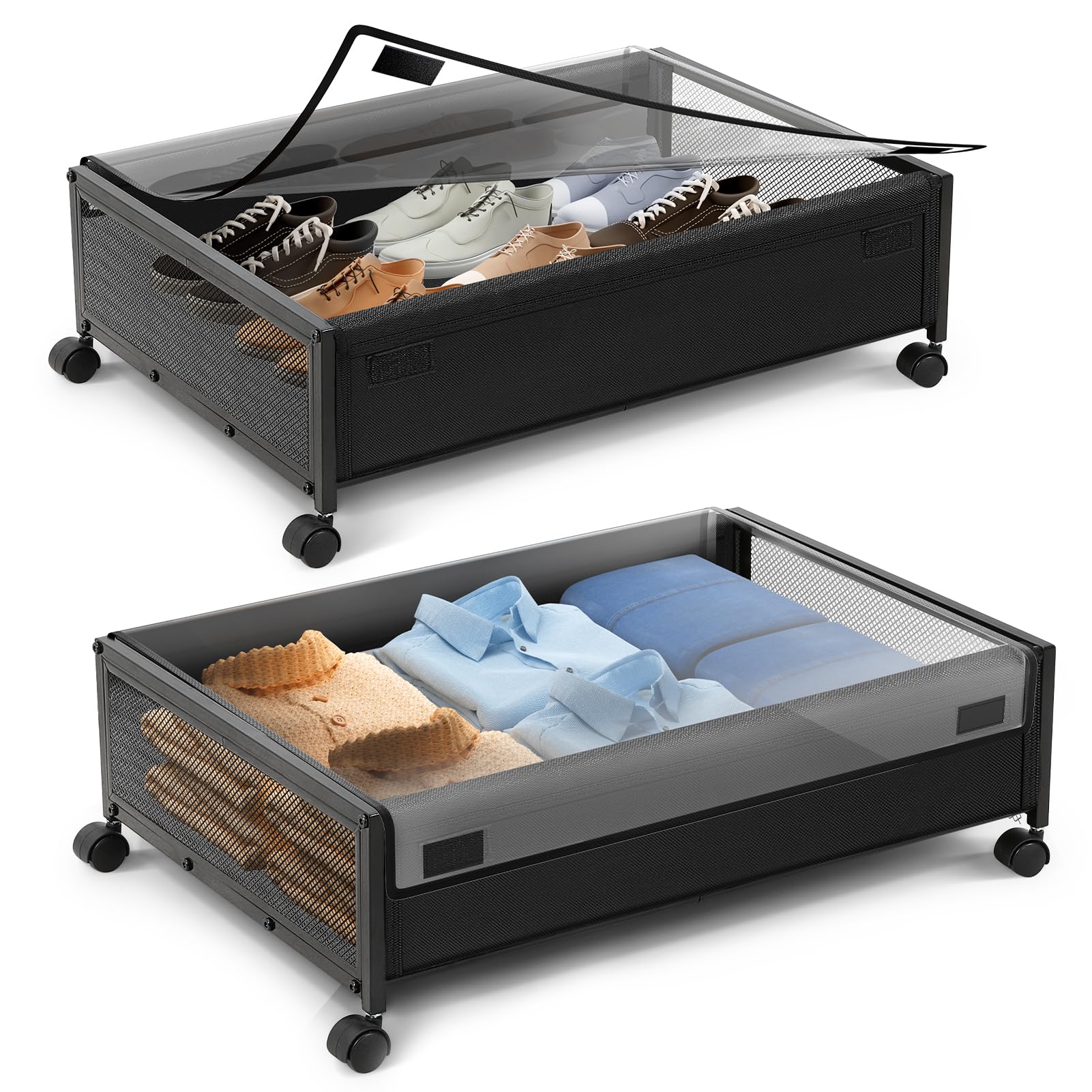 Warmiehomy Almacenamiento debajo de la cama con ruedas, paquete de 2 cajas de almacenamiento debajo de la cama con tapas, marco de metal, almacenamiento de zapatos visible debajo de la cama,