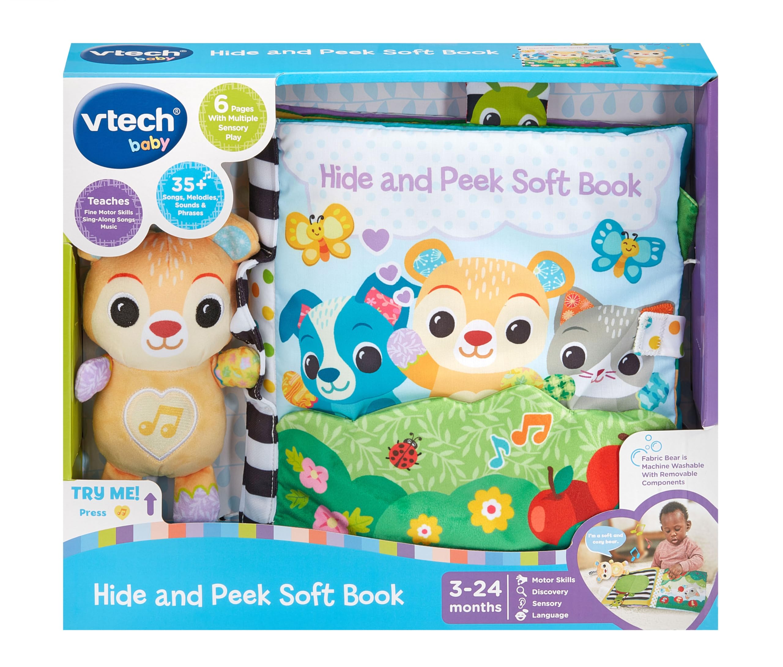 VTech Baby Hide and Peek Soft Book, Sensory Book with 6 Tactile Pages, Melodies and Songs and Detachable Bear - Image 3