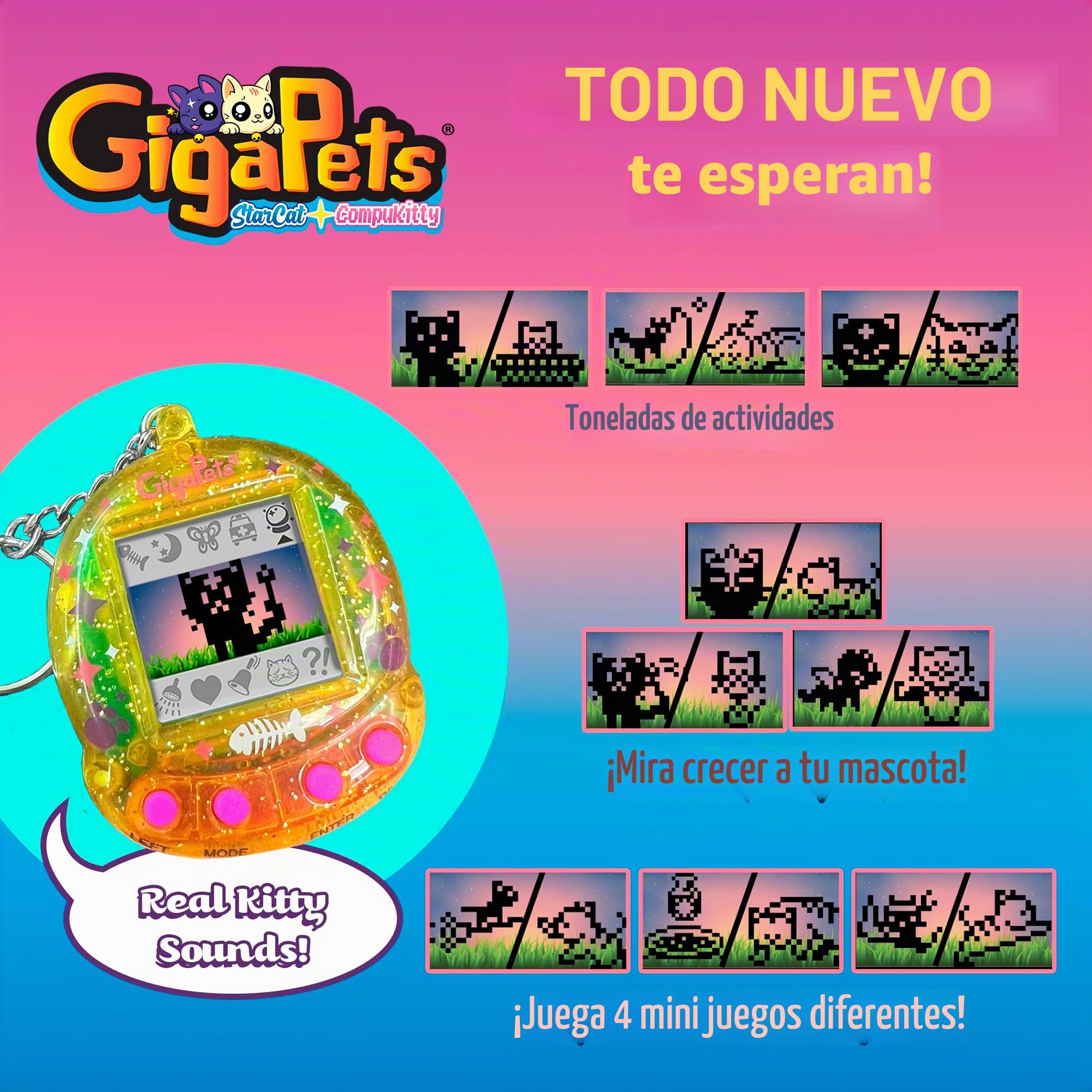 Top Secret Toys Giga Pets CompuKitty & StarCat,Juguete electrónico virtual para mascotas, 2 mascotas, 1 dispositivo, computadora clásica de los años 90, mascota 3D Live in Motion