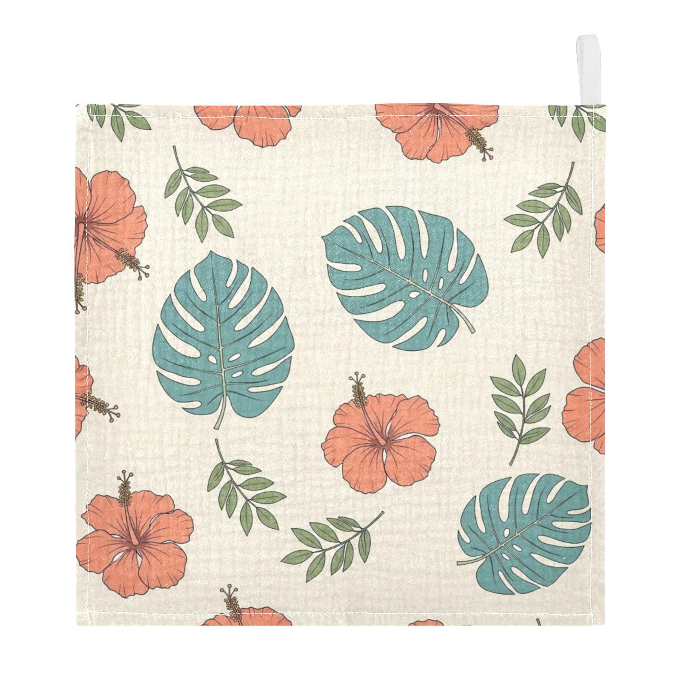 Fuauuyl Hibiscus Monstera Leaves Baby Muslin Washcloths Cotton Absorbent Soft Burp Cloths for Newborns Infants Toddlers, Reusable Face Towels for Sensitive Skin, 5 Pack, 12x12 in