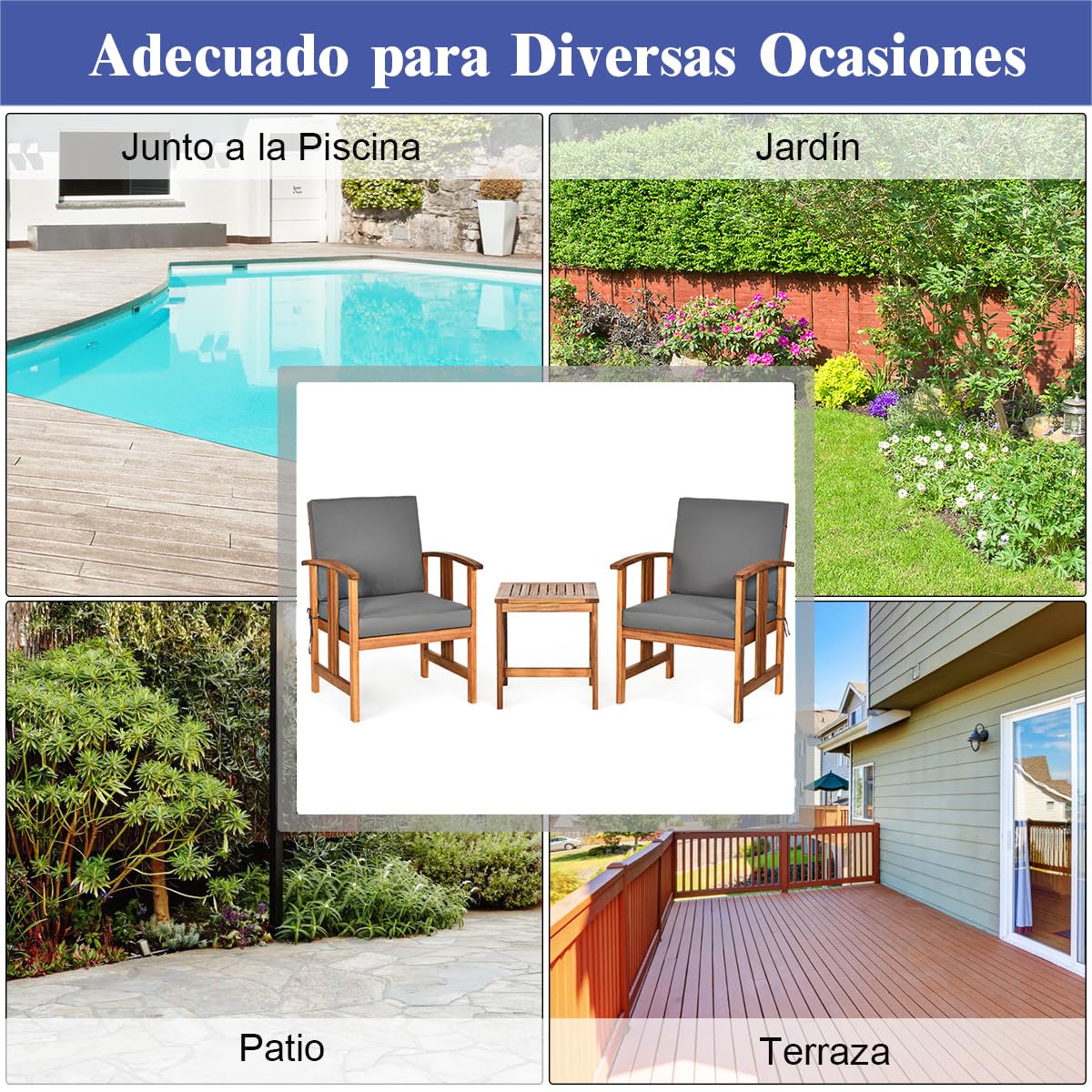 COSTWAY Conjunto Jardin Exterior de 3 Piezas, Madera de Acacia | , 2 Sillas y Mesa de Café, Cojines de Asiento y Respaldo Extraíbles, Muebles Conversación Jardin Terraza Balcon Exterior