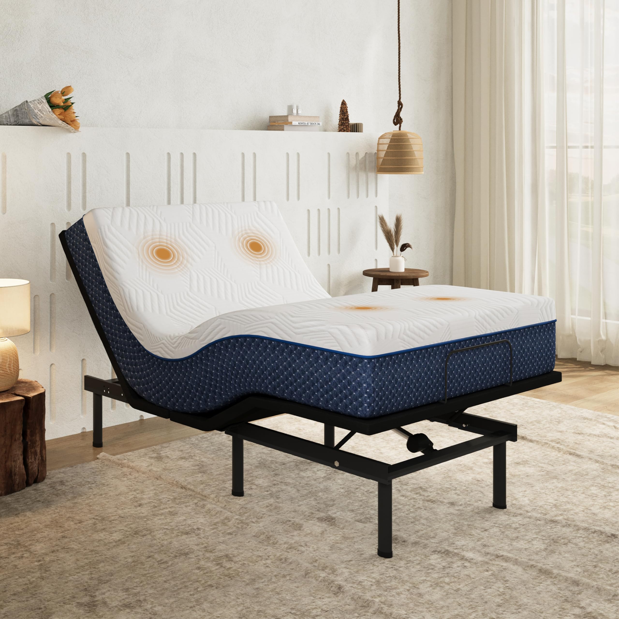 Twin XL Adjustable Bed Frame and 10 inch Firm Gel Memory Foam Mattress，Massage，Memory Positions，Head and Foot Incline,Zero Gravity，Dual USB Ports，Under Bed Lights，Anti-Snore，Easy Assembly