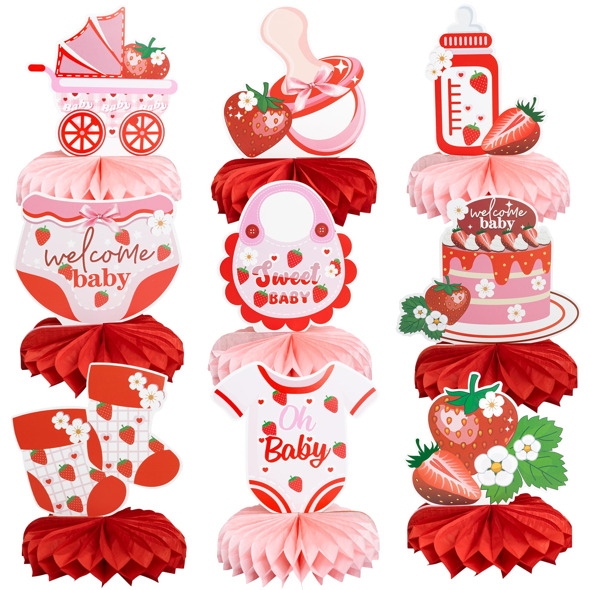 Gyufise 9Pcs Strawberry Baby Shower Decorations Honeycomb Centerpieces for Fruit It's a Girl Gender Reveal Table Centerpiece Party Supplies Red