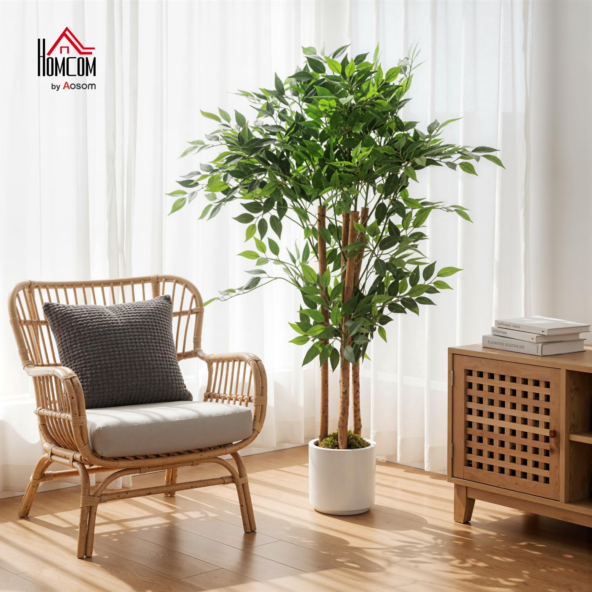 HOMCOM Pianta Artificiale di Baniano con Rami Orientabili e Vaso Contenitore Bianco in PP e Cemento, Pianta Verde in PEVA e Legno, per Interno, Ufficio, Soggiorno, Camera da Letto, 55x55x120 cm