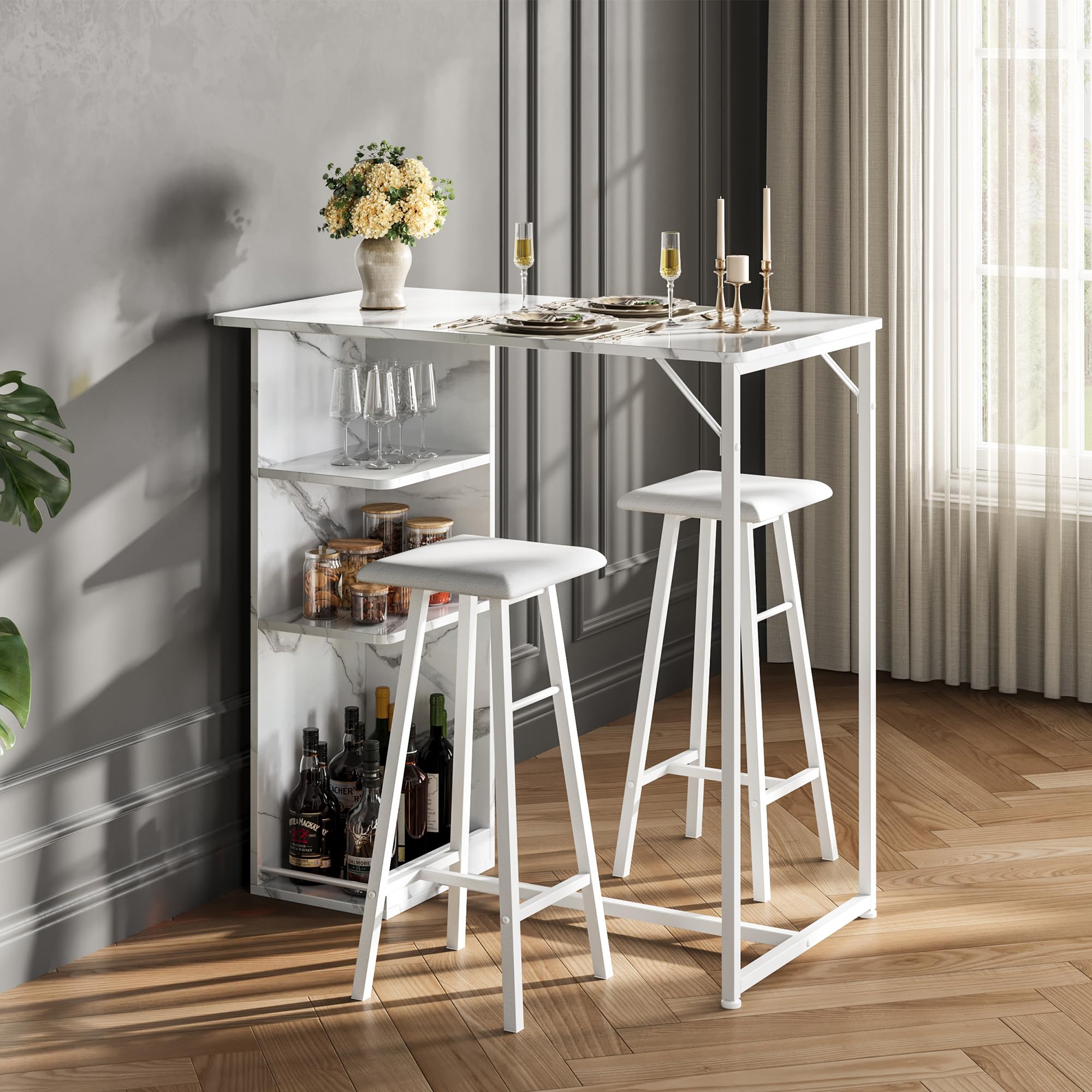 Litake Bartisch Set, Tresentisch mit 2 PU Barhocker, Esstisch Stehtisch mit Weinglashalter & Ablage, Küchentisch im Industrie-Stil, Stehtisch für Bar, Bistro & Wohnzimmer,Marmor Weiß
