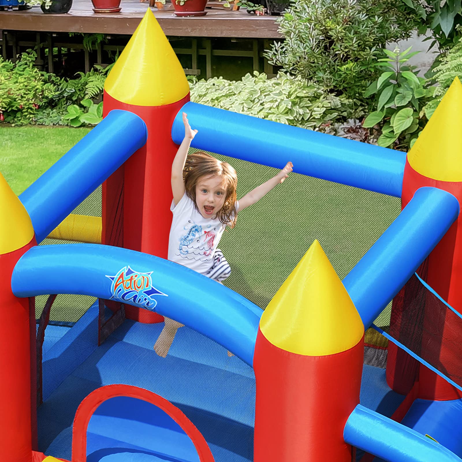 GOPLUS Castillo Hinchable con Soplador, Inchable Infantil Interior Exterior, Material Extra Rueso, Ninos Adecuado de 3 a 10 Años, con Toboganes, Zona de Salto de Pared de Escalada, 350 x 275 x 196cm