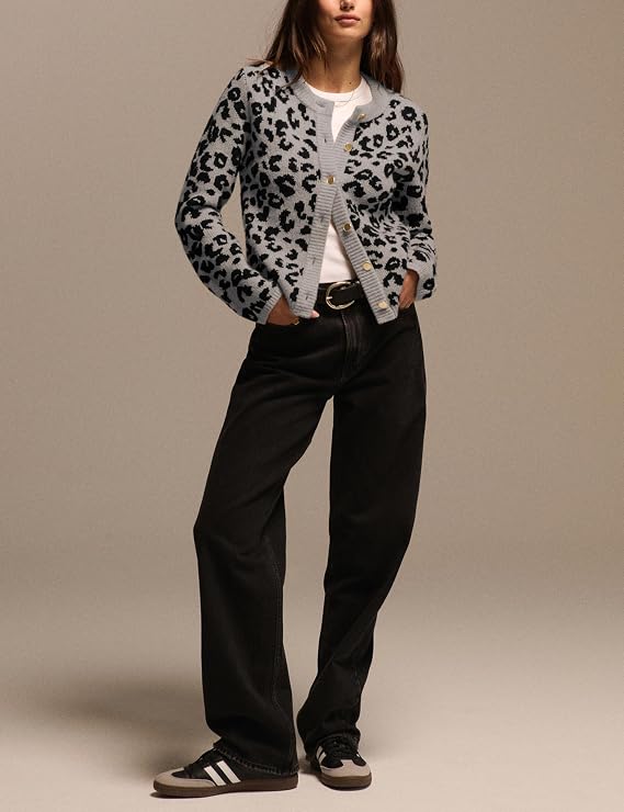 Leopard Cardigan for Women Cheetah Print Sweaters Open Front Cardigan Long Sleeve Golden Button Sweater Jacket
