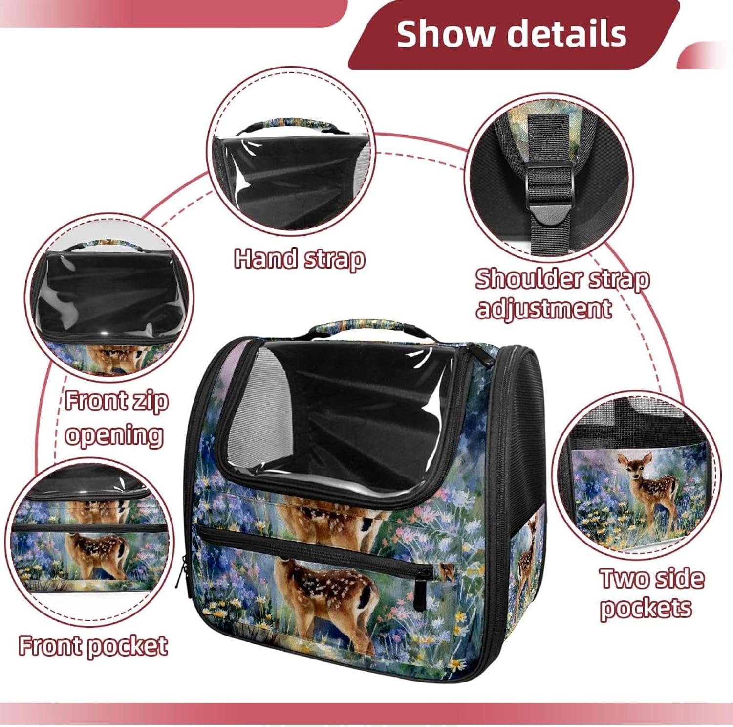 Cat Backpack Carrier for Small Dogs Cats, Soft-Sided Pet Carrier Backpack with Ventilated Mesh Windows and Safety Leash, Watercolor Little Deer in a Field Among Flowers