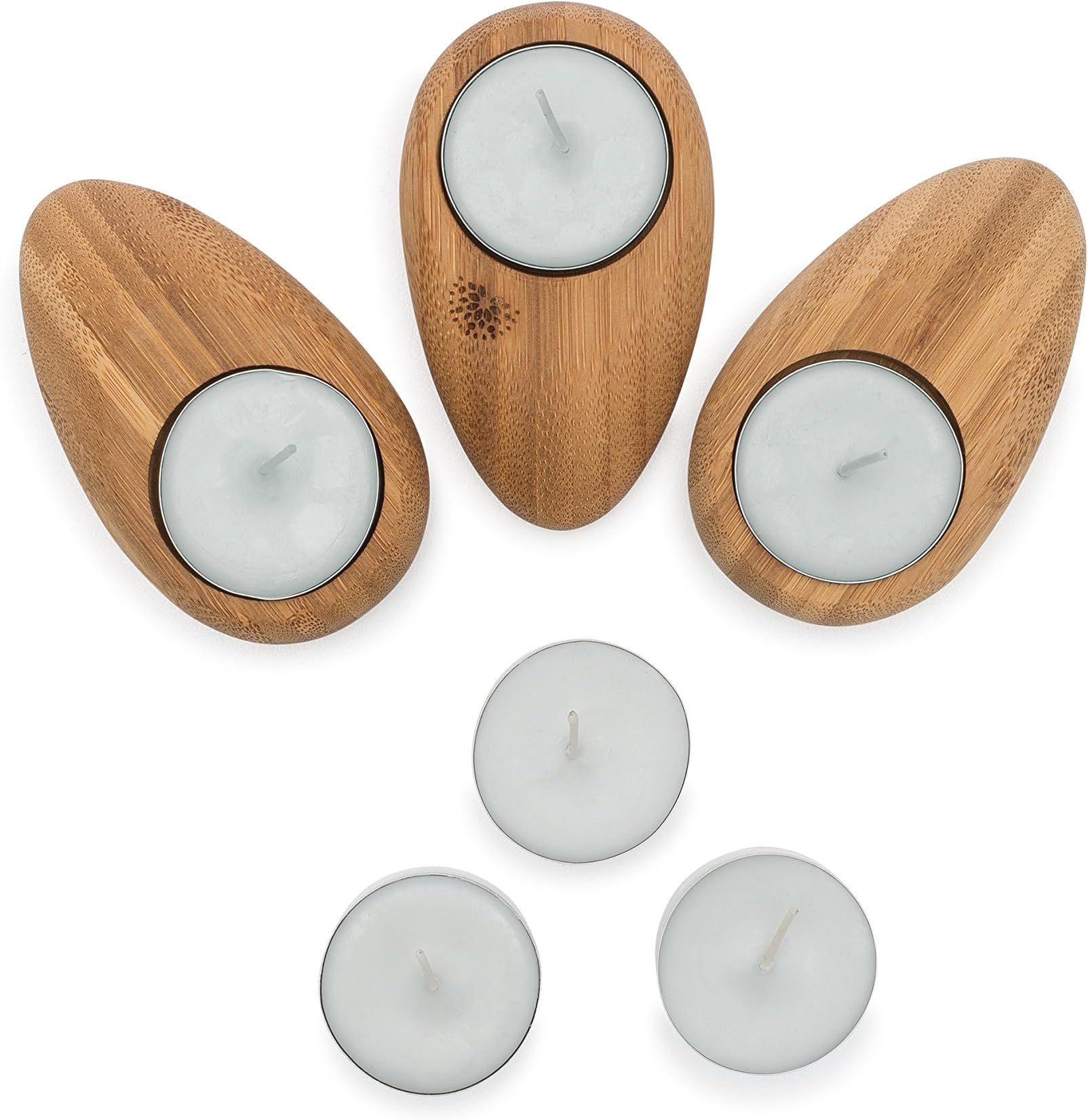 Bamboo Tea Light Candle Holder, Hand Made Soy Wax Candle, Set of 3 Bamboo Stone Shaped Tealight Holders & 6 Tea Light Sagelight & BlackBerry Scented Grey Candles