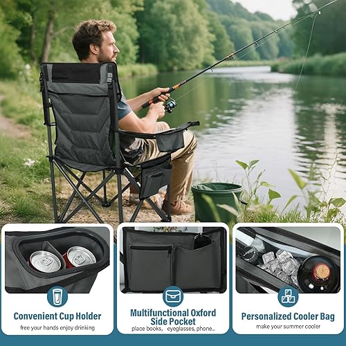 Miniatura 5 de Sillas de campamento de respaldo alto de gran tamaño con almohada, soportes dobles para tazas y bolsa enfriadora, silla plegable resistente al aire