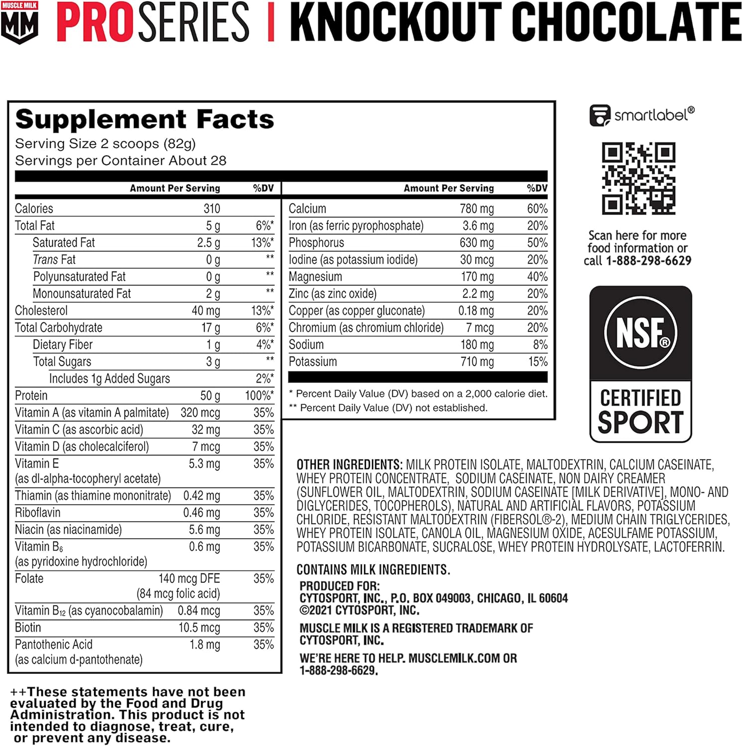 Muscle Milk Pro Series Protein Powder Supplement, Knockout Chocolate, 5 Pound, 28 Servings, 50g Protein, 3g Sugar, 20 Vitamins & Minerals, NSF Certified for Sport, Workout Recovery, Packaging May Vary