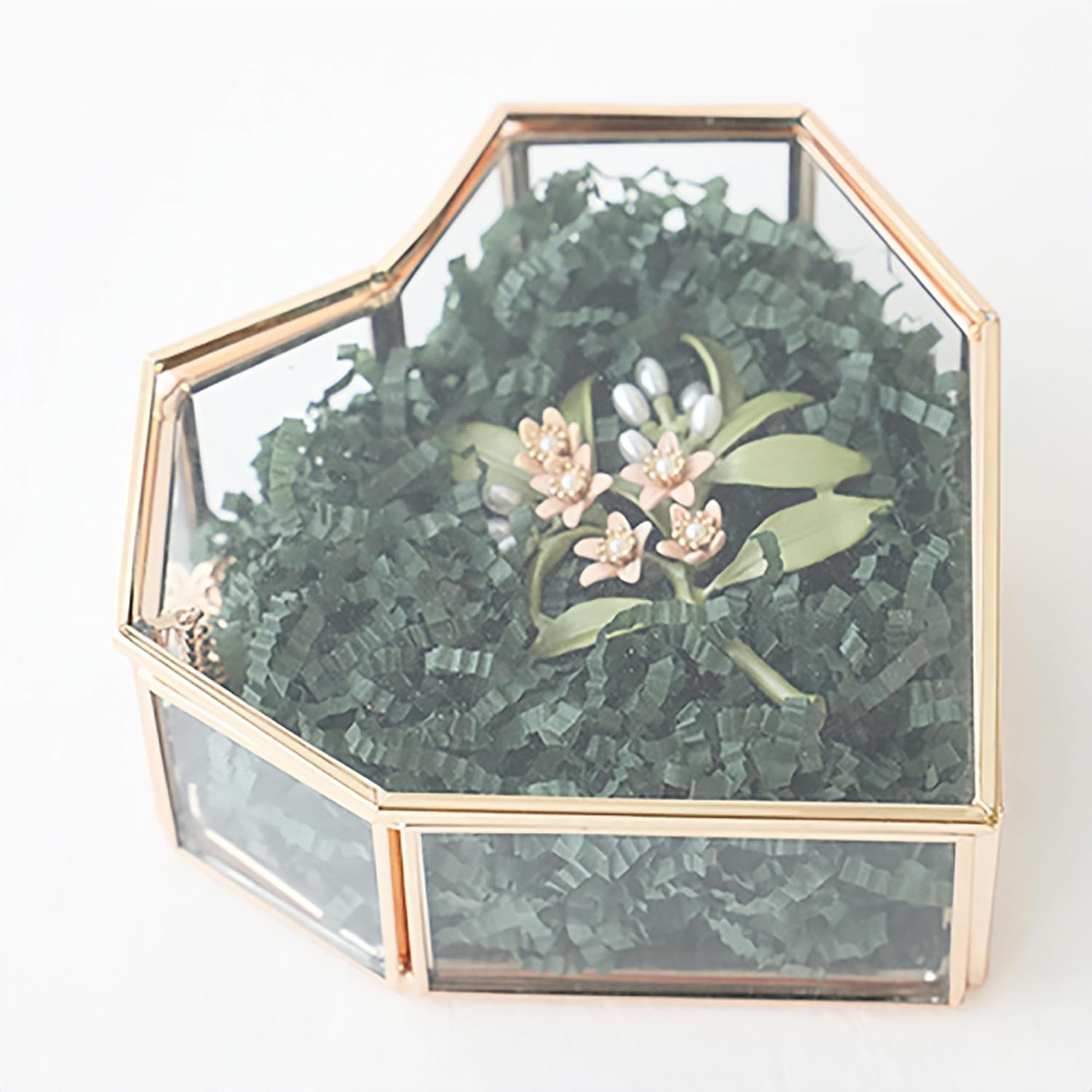 Small Glass Heart Shaped Jewelry Box Clear Ring Trinkets Box with Lid Gold Makeup Organizer Desktop Display Lidded Treasure Box Lady and Girls Gift