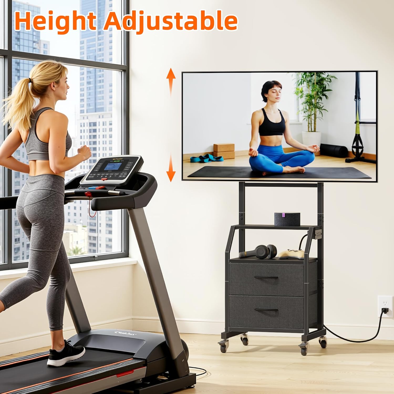GYIIYUO Rolling TV Stand with 2 Storage Fabric Drawers/Power Outlet/Mount, Mobile LED TV Stand on Wheels for 32-55 inch TVs, Corner Small TV Cart for Bedroom,Office,Living Room(Black)