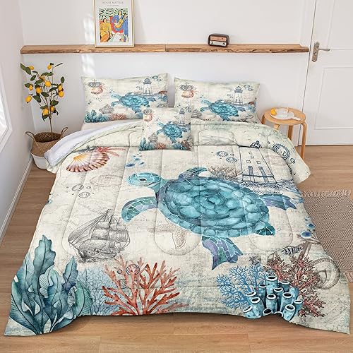 Miniatura 9 de Juego de edredón de tortuga marina, edredón de playa costera, tamaño King, patrón de temática de mar azul océano, decoración de ropa de cama, 1