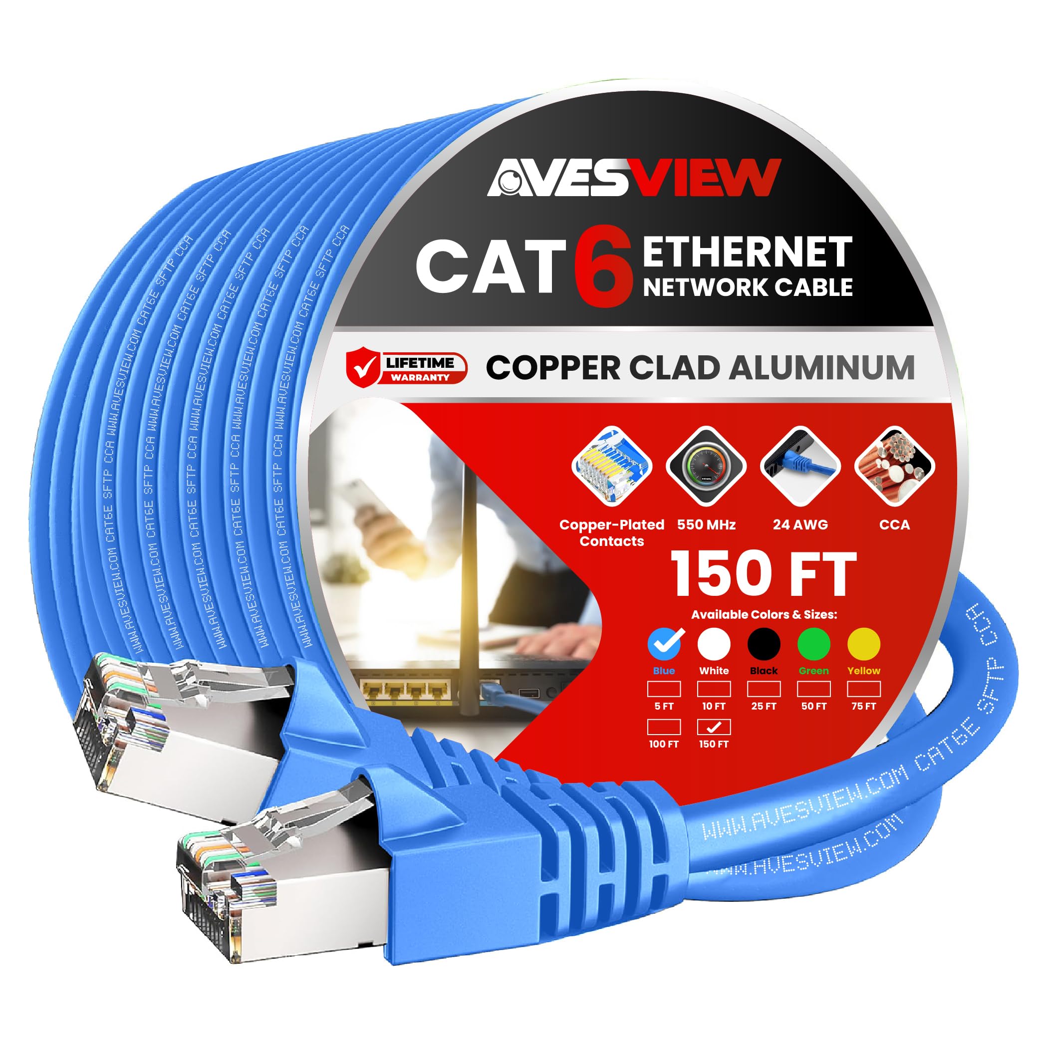 Câble Ethernet CAT 6 de 45,7 m, intérieur haut débit, 10 Gbit/s, long câble Ethernet CAT6 sans accroc pour Internet, routeur, modem, ordinateur, PlayStation, Xbox, caméra PoE, imprimante