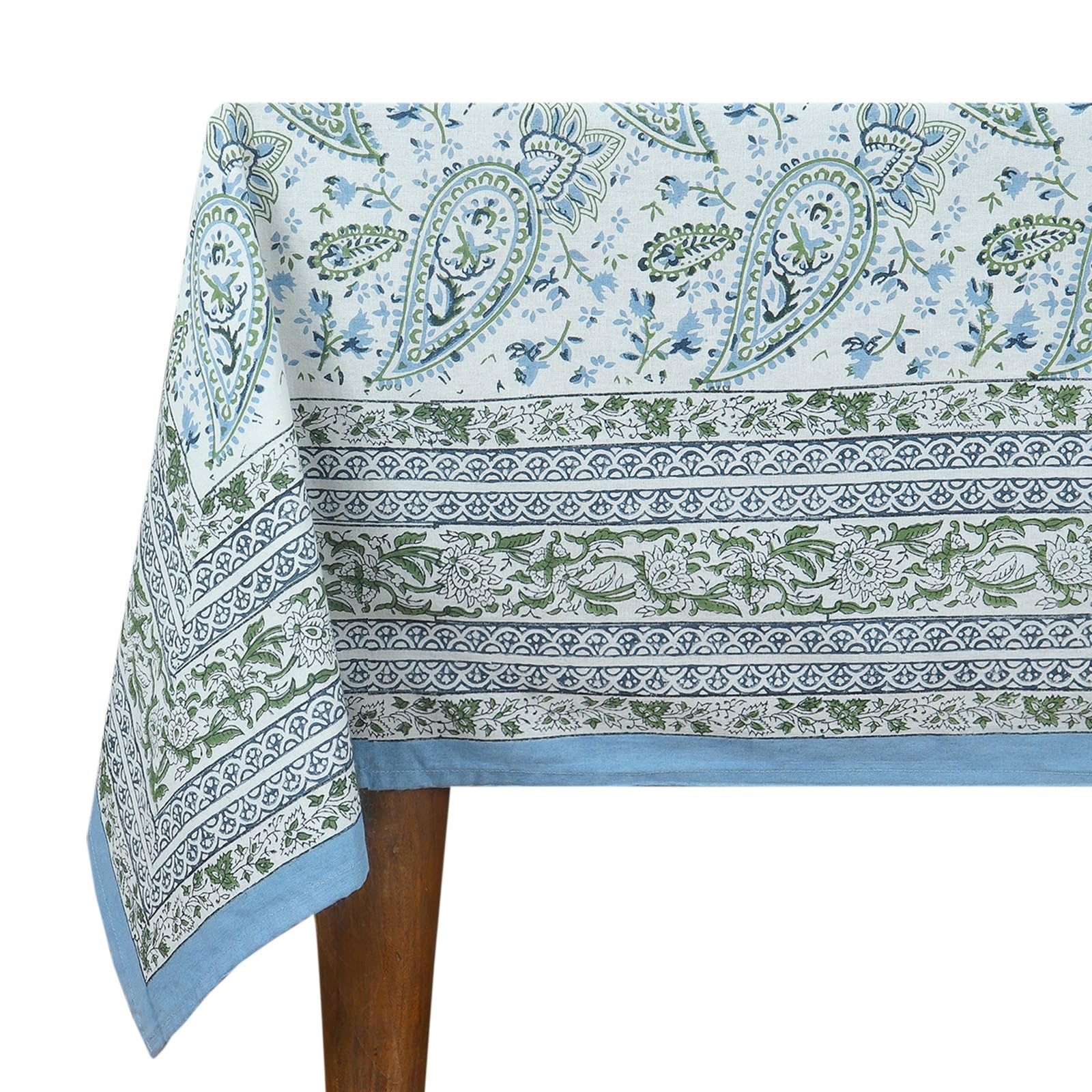 72x160 Inches Rectangle Hand Block Printed Cotton Tablecloth, Green White Floral Table Cloths Washable, Indian Table Linen For Dinning Home Decor Spring Autumn Outdoor Thanksgiving