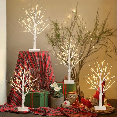 Miniatura 2 de PEIDUO - Decoraciones de Navidad para interiores, árbol de mesa de 22" con luces LED, árbol de abedul blanco para decoración del hogar, árbol de