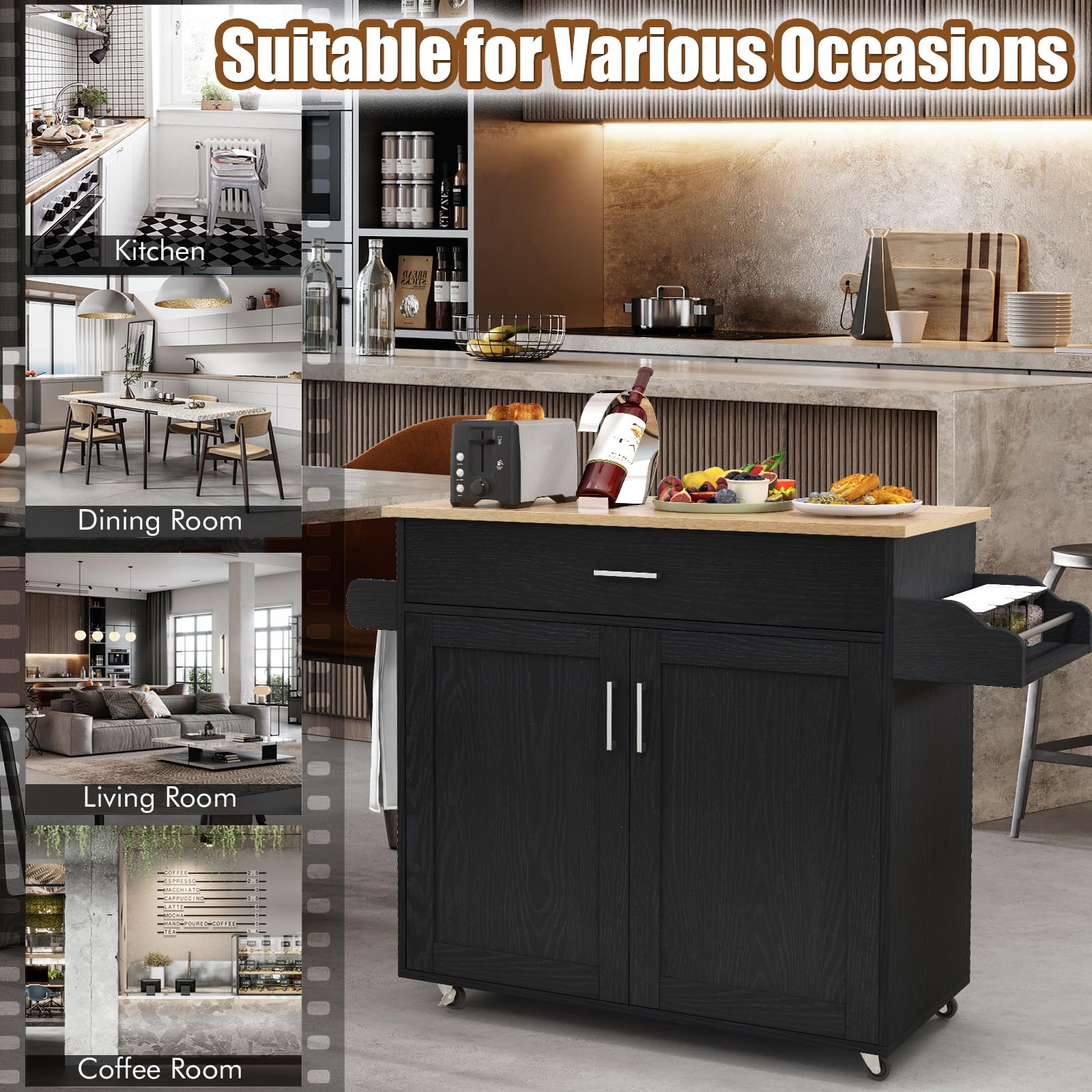 SOARS Carrello da Cucina con Ruote di Gomma, Isola Cucina con Cassetto e Ripiano Regolabile, Mobile Credenza Salvaspazio Porta Microonde, Portaspezie, Portasciugamani, 116 x 40 x 85 cm (Nero)