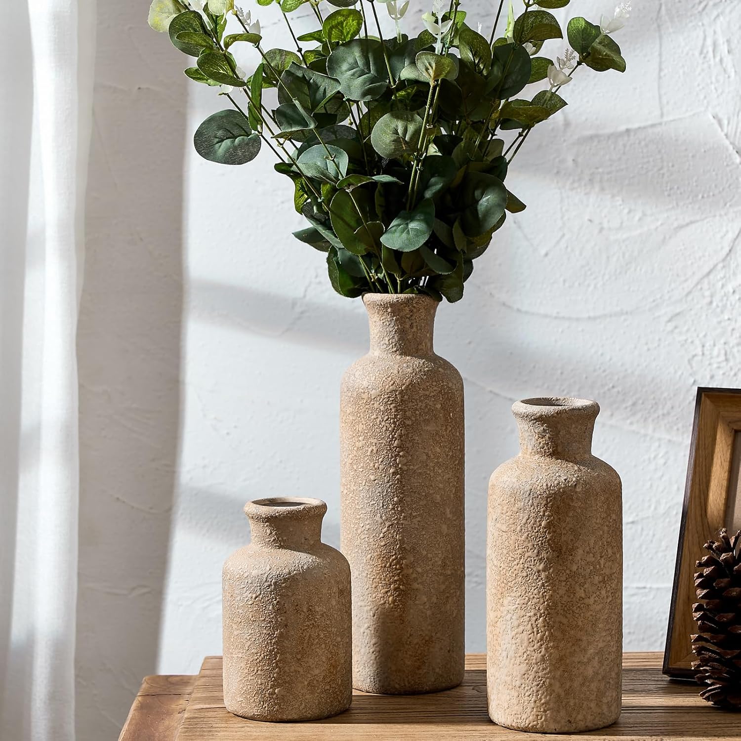 LUKA Ceramic Rustic Farmhouse Vase Set of 3,Terracotta Vases for Decor,Antique Vase for Your Bedroom,Office,Living Room,Fireplace,Bookshelf Decor,Housewarming (10+7.5+5 Inch) - Image 5