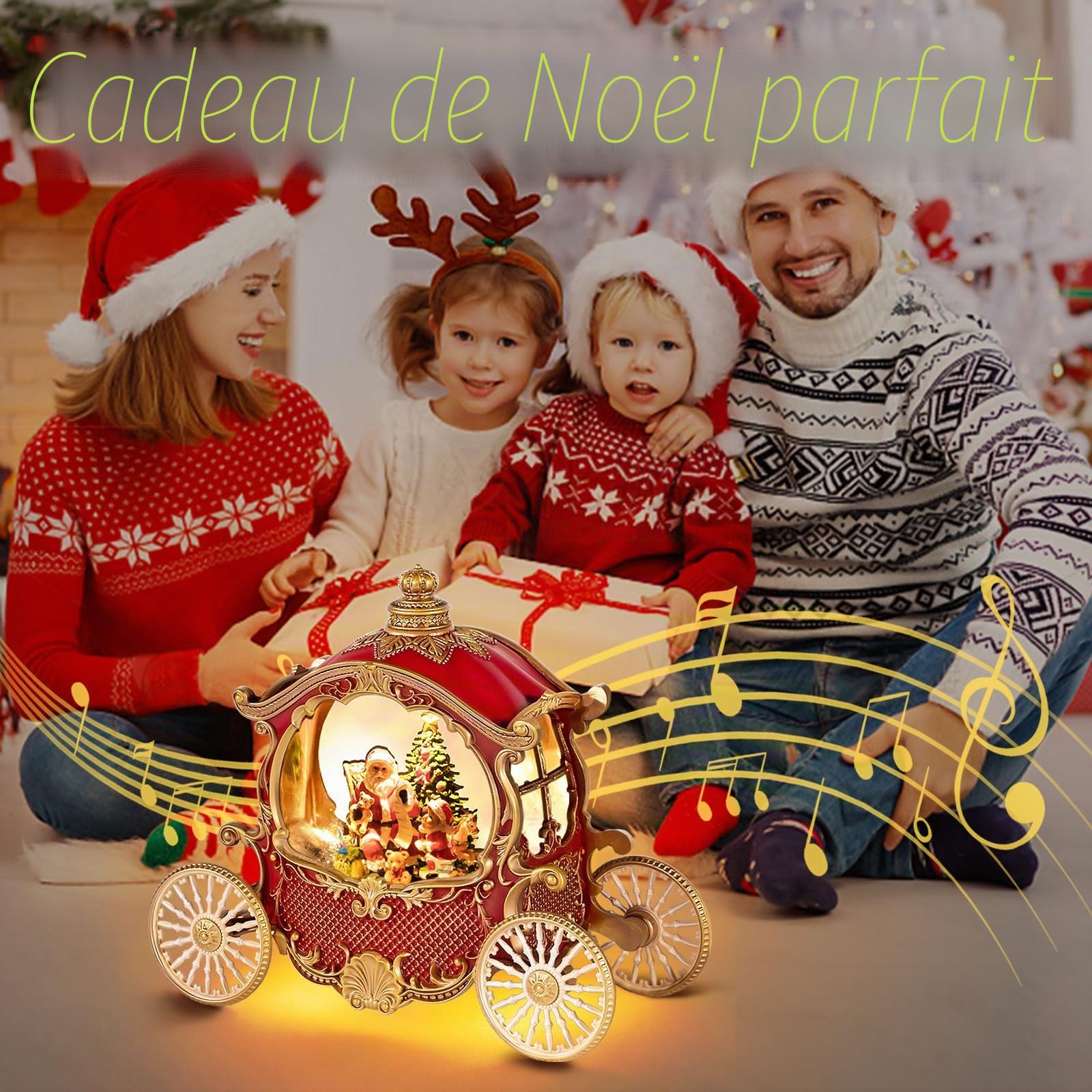Boules à Neige de Noël, Boule à Neige en Forme de carrosse de Noël avec 8 musiques et minuterie, alimentée par Piles ou câble USB, Scintillantes pour décoration de Table de Noël, Père Noël, Sapin de