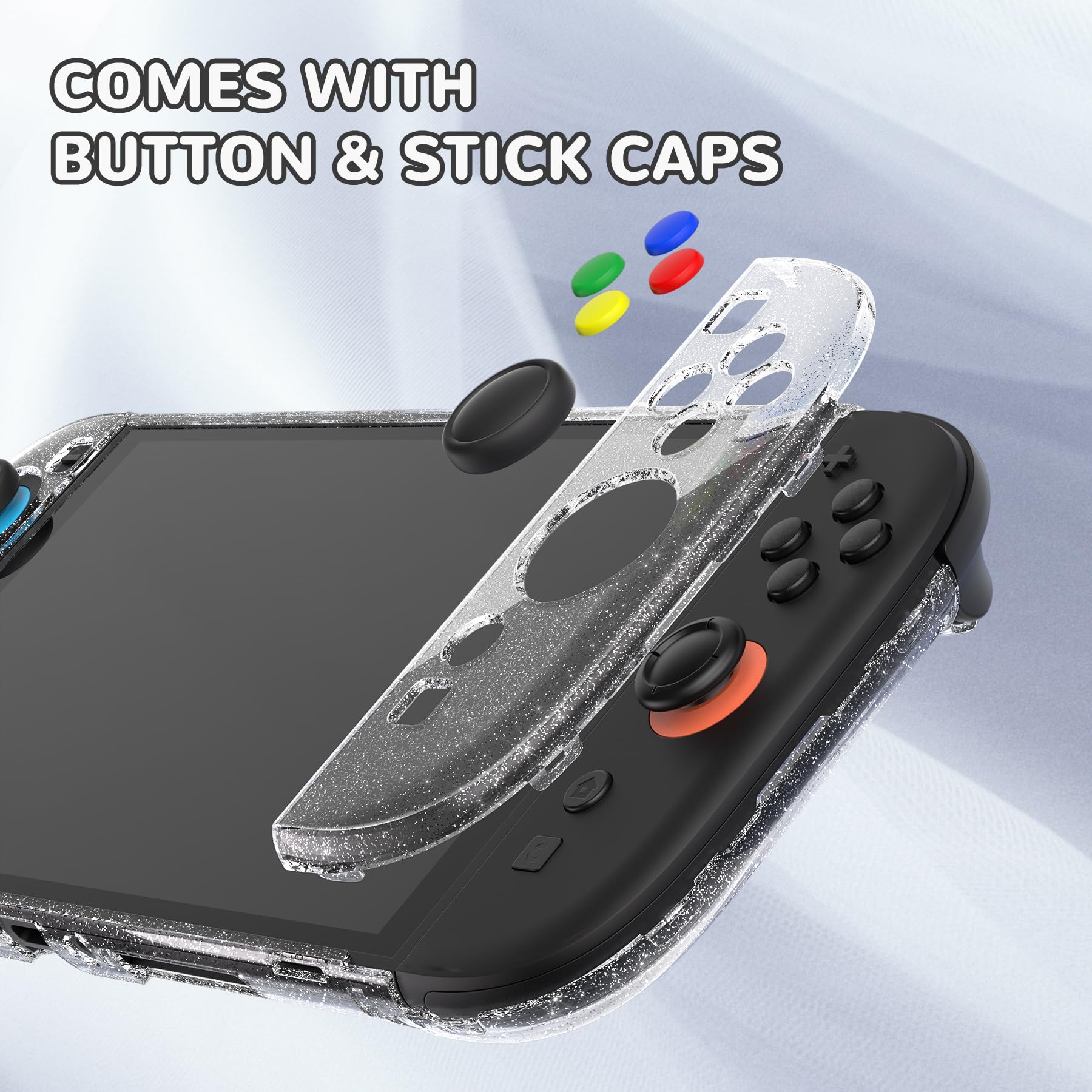 playvital pour Switch 2 Coque avec Cover Grip pour Joycon,Coque Protection Dockable pour Nintendo Switch 2 Support & Capuchon Joystick & Caps Boutons-Argent Clair Glitter