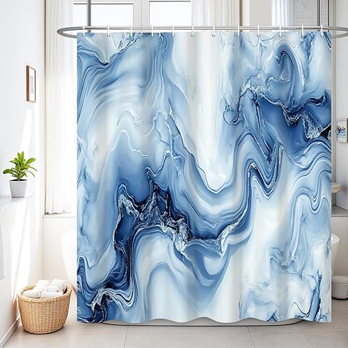 Renaiss 72 x 72 Inch Blue Marble Shower Curtain Modern Ombre Fabric Cloth Shower Curtains for Luxury Bathroom Decor Abstract Chic Summer Watercolor Marble Bathtub Decor Curtain with Plastic Hooks