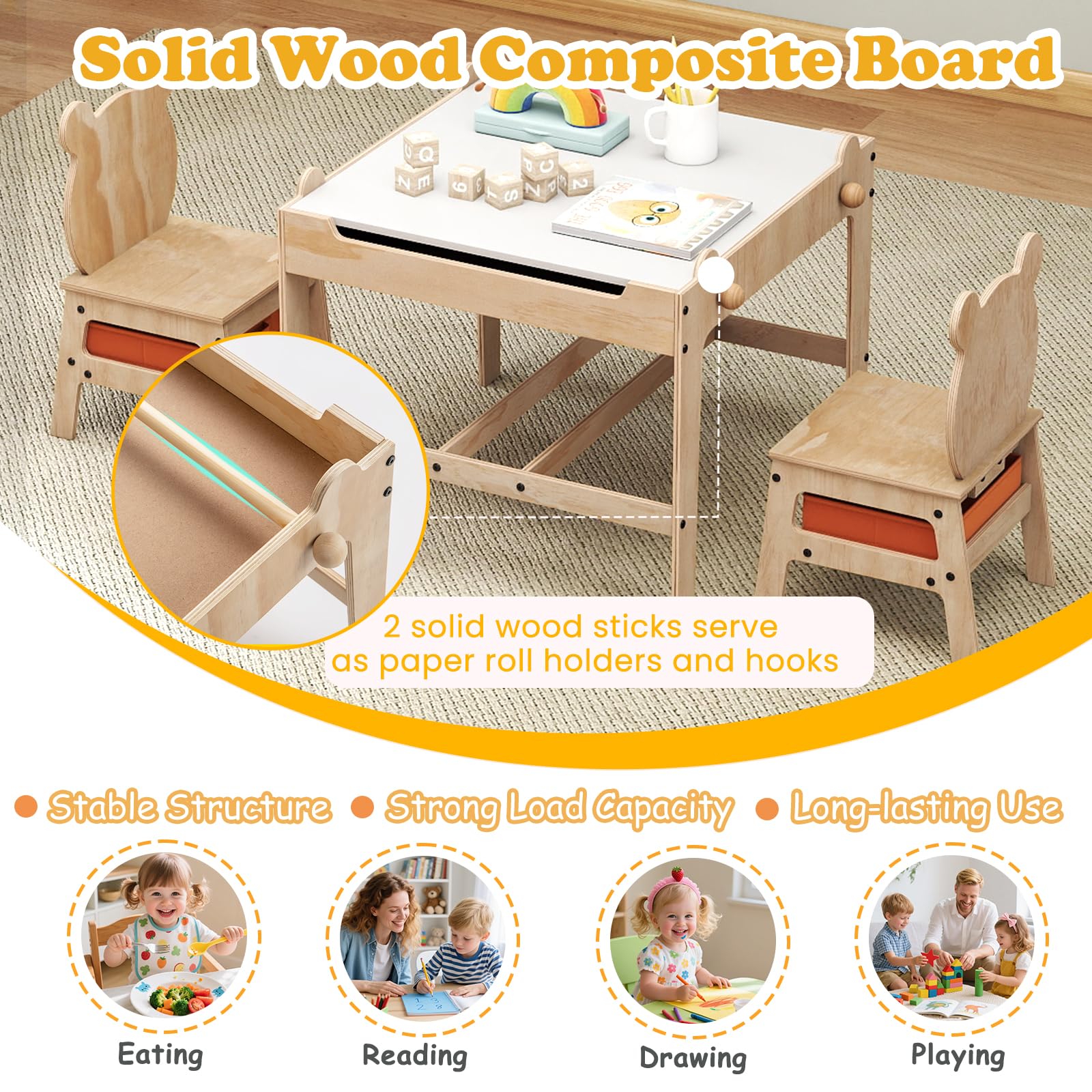 LIFEZEAL Kindertisch mit 2 Stühlen, Kinder Spieltisch mit wendbarer Tafel & Stauraum, Kindersitzgruppe Holz mit niedlichen Mustern, Multifunktionale Sitzgruppe für Kinder ab 3 Jahren (1, Panda)
