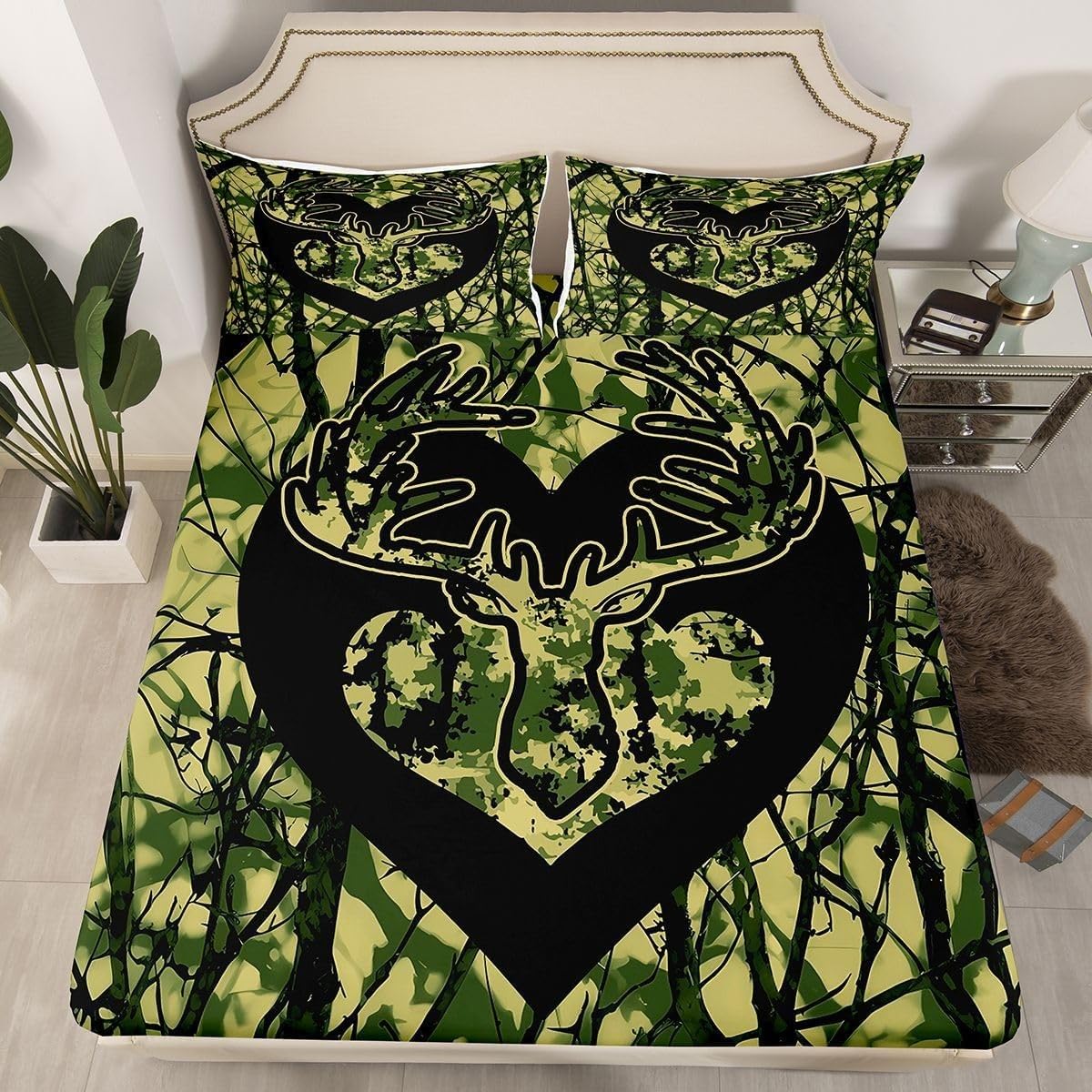 Heart-Shaped Antlers Single Fitted Sheet Green Camouflage Bed Sheets Deep Pocket 12 inch (30 cm) Soft Cozy 3 Piece Microfibre Bed Sheet 90x190 cm with 2 Pillowcases 50x75 cm