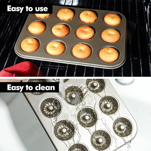 Miniatura 6 de Webake Paquete de 2 mini moldes para tartas de tubo estriado, 12 tazas de tamaño de mordida antiadherente, Bundtinis de 1.8 pulgadas, molde pequeño