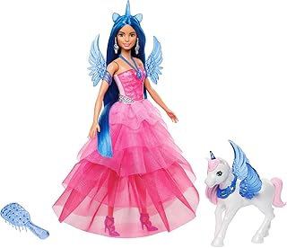 Barbie Licorne Poupée 65Ème Anniversaire Aux Cheveux Bleus Une Touche De Magie, Robe Rose, Licorne Ailée Et Autres Accesso...