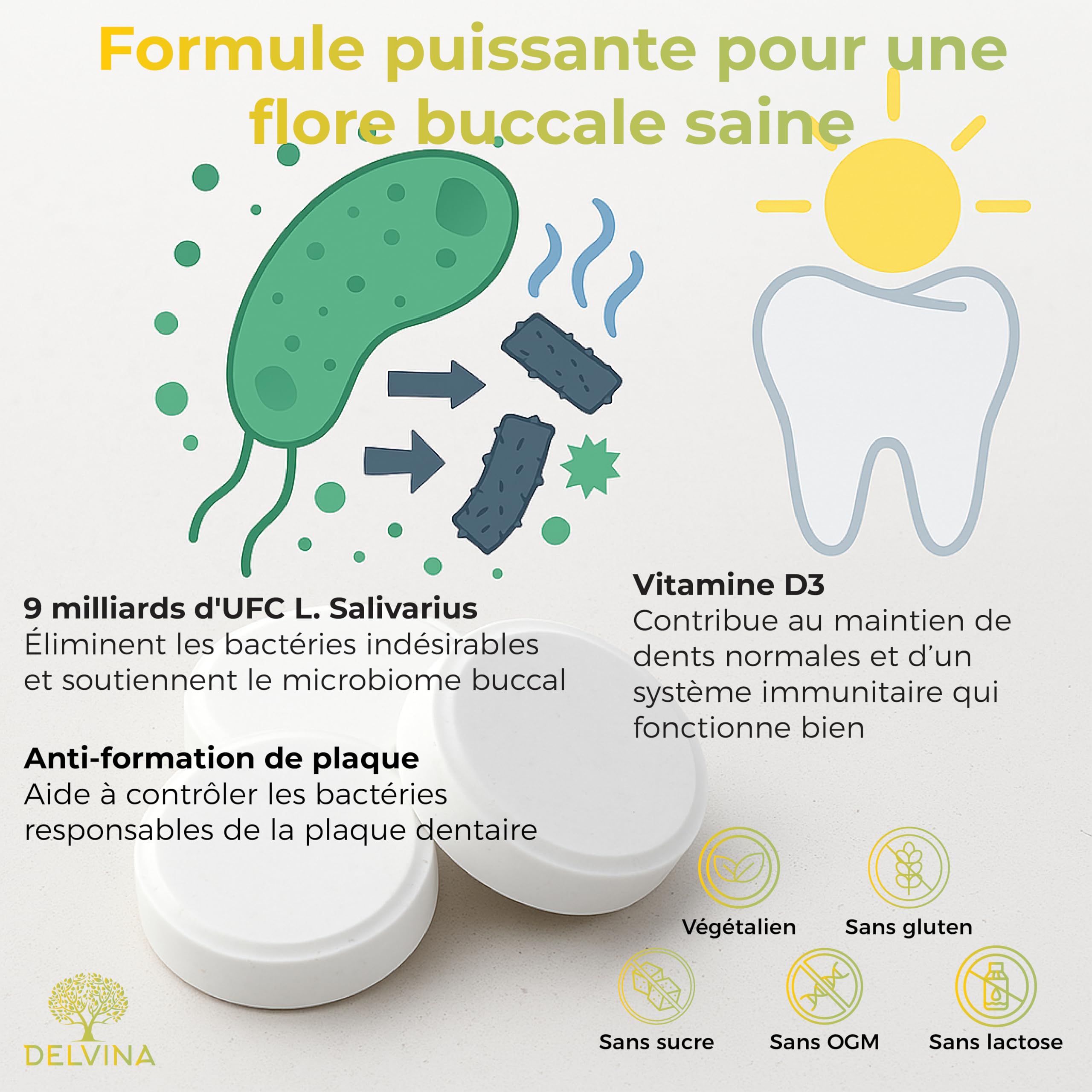Lutter Contre la Mauvaise Haleine - 90 Pastilles végétaliens pour l'Hygiène Bucco-dentaire sans Bain de Bouche - Haleine Fraîche - Cultures Bactériennes avec Vitamine D3, Citron, pour 90 jours