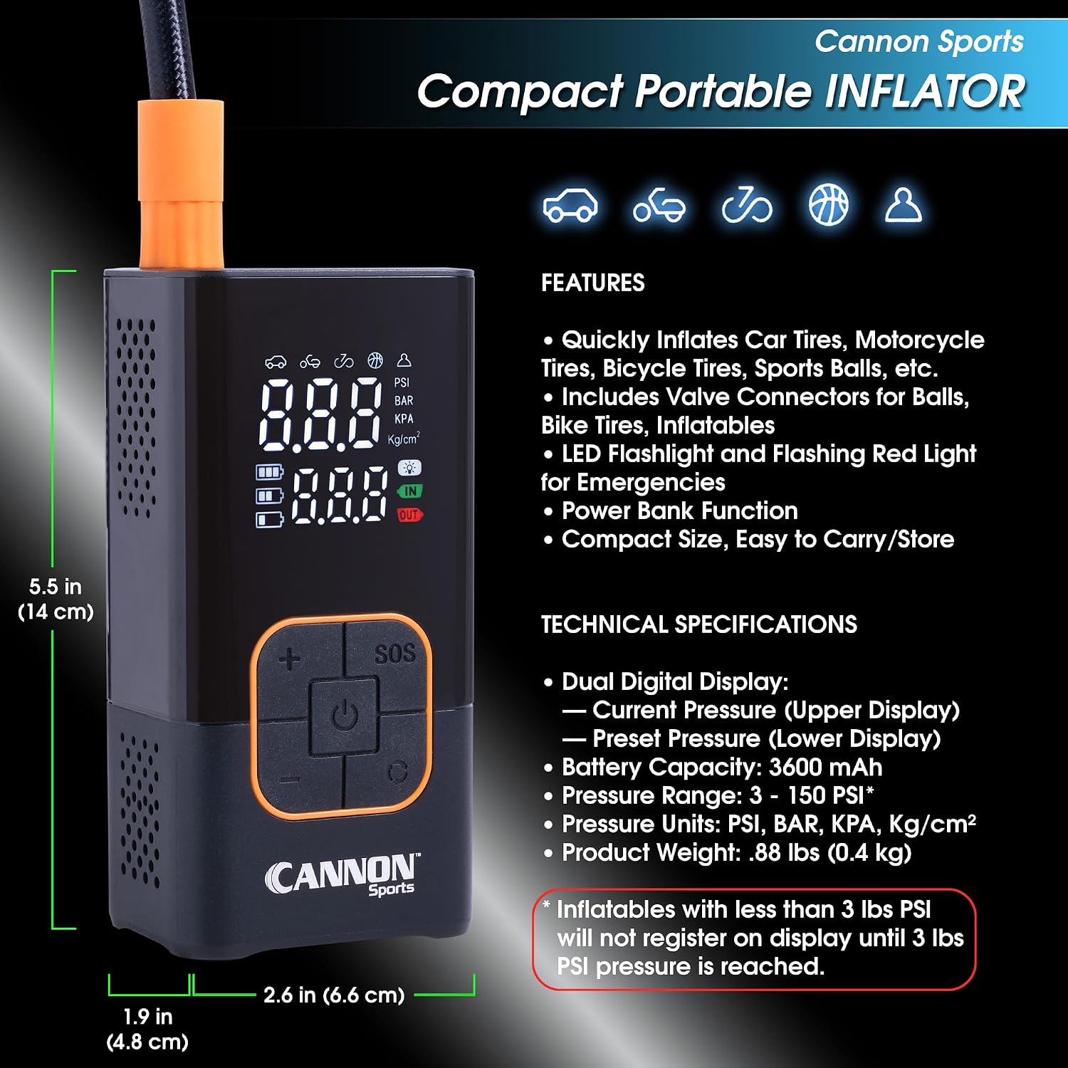 Cannon Sports Portable Tire Inflator Air Compressor & Electric Ball Pump – 150 PSI Cordless Digital Pump with LCD Display, Rechargeable Battery, LED Light – Car, Bike, Motorcycle Tires & Sports Balls