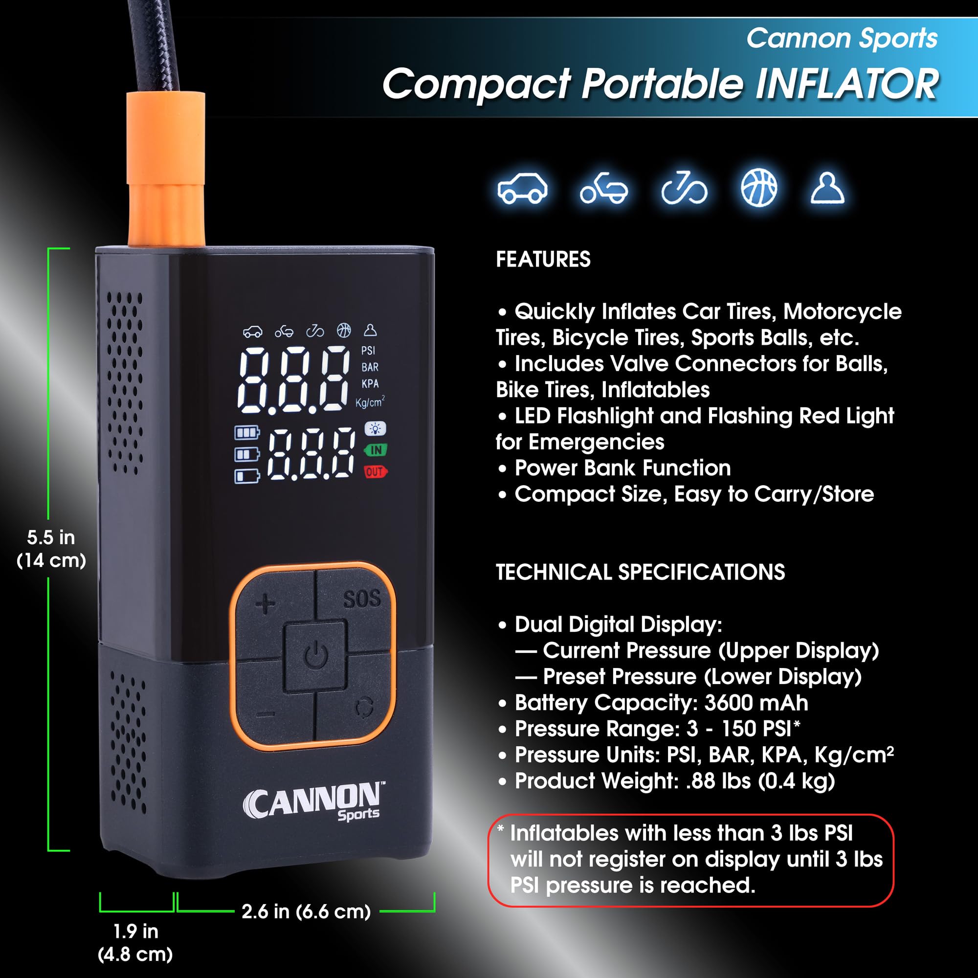 Cannon Sports Compresseur d'air portable et pompe à ballon électrique - Pompe numérique sans fil 150 PSI avec écran LCD, batterie rechargeable, lumière LED - Pour voiture, vélo, moto et ballons de