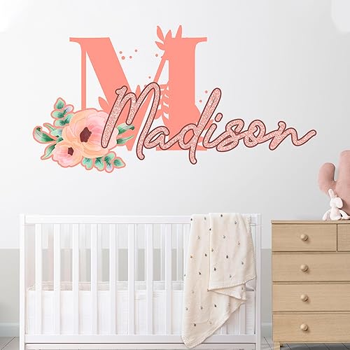 Adorable calcomanía de pared con nombre de niña con rosas y elementos florales, perfecta para decoración del hogar, decoración de cocina, ideal para