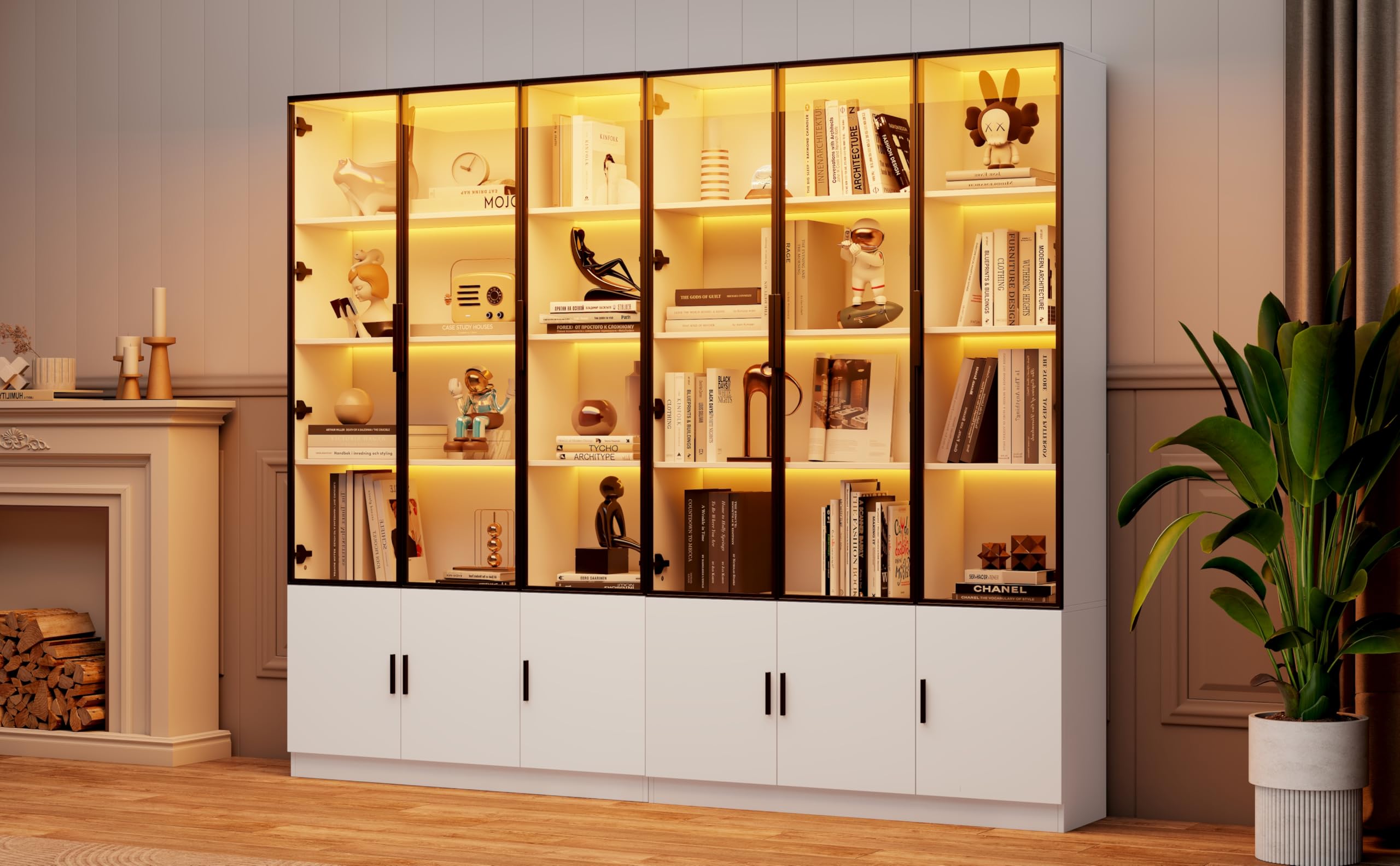 Vitrina de cristal, 12 puertas, armario alto, 240 x 32 x 200 cm, color blanco