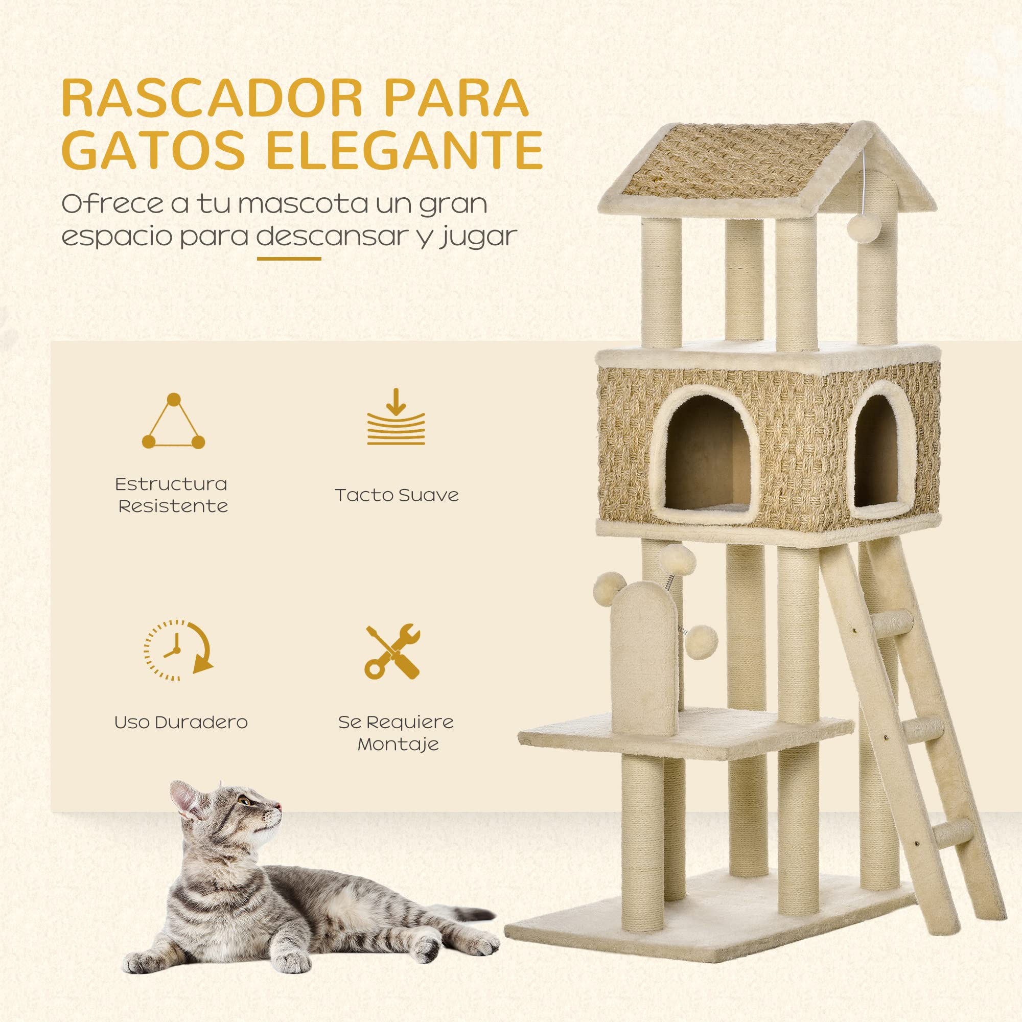 PawHut Árbol Rascador para Gatos Grande Altura 131 cm con Cueva de Algas Postes de Sisal Natural Plataformas Bola Colgante y Molino de Viento de Juguete 69x40x131 cm Beige