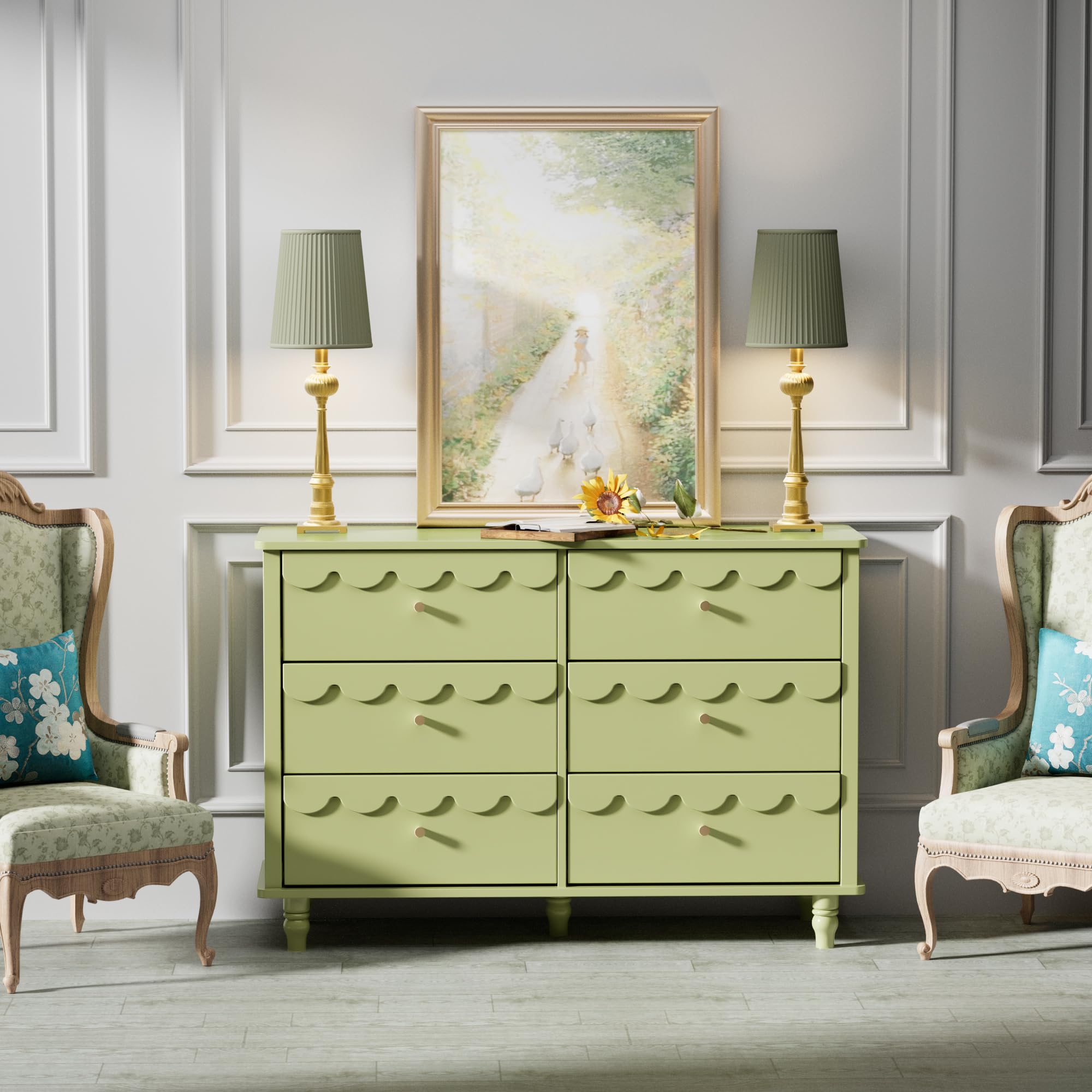 green dresser bedroom Anbuy Scalloped for 6 Drawer Dresser, Modern Wide Chest of Drawers, Scalloped Organizer Storage with Drawers, Fluted Petal Pattern Large Storage Cabinet for Living Room, Porch : Home Color:Purple Gray Elegant Design agetype:Accessories Tie Front Denim Maxi