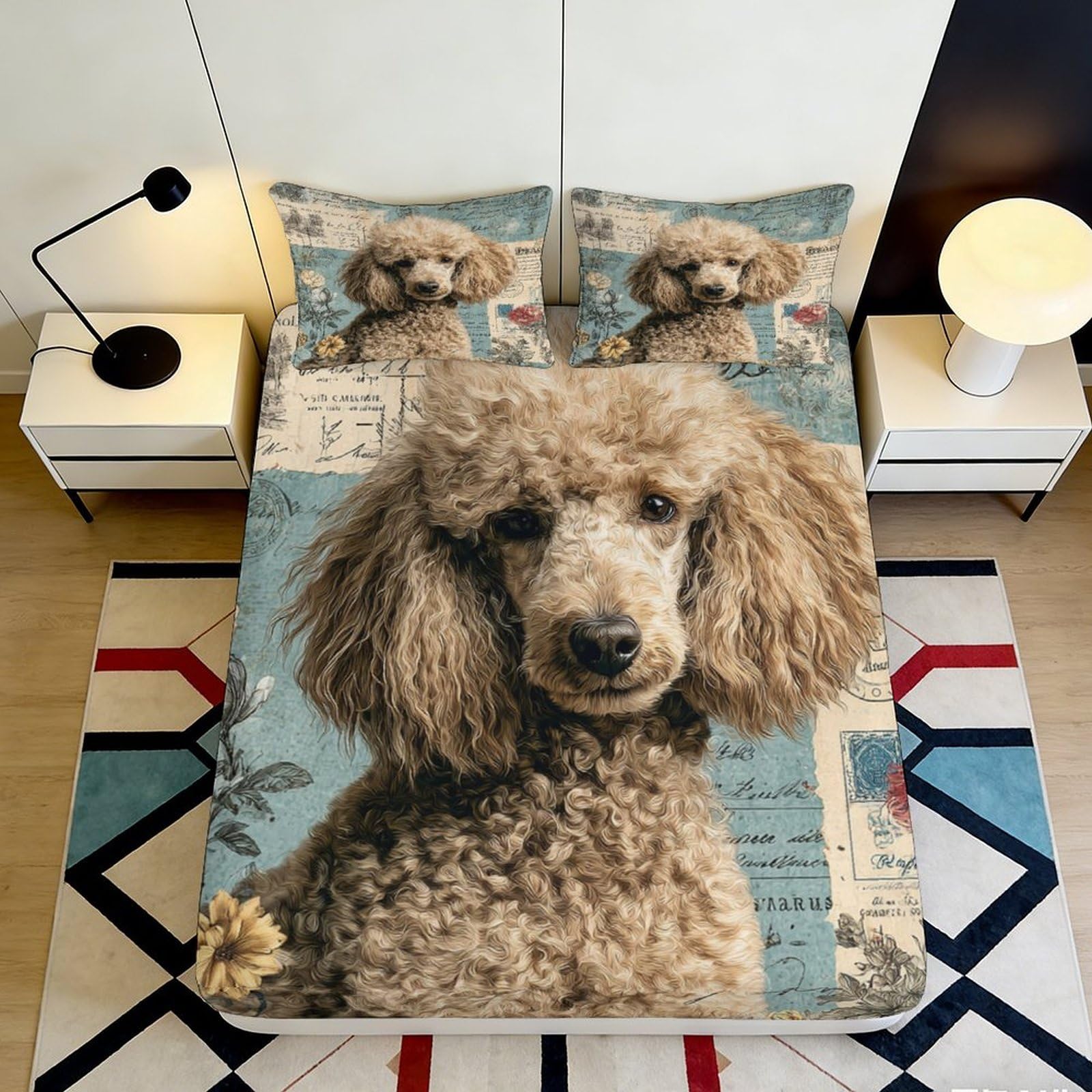 3D Printed Poodle Fitted Sheet Microfiber Soft Durable Brown Dog Bed Cover with 3D Printed Poodle Mattress Cover for Bedroom Dormitory Guest Room 160x200x25cm