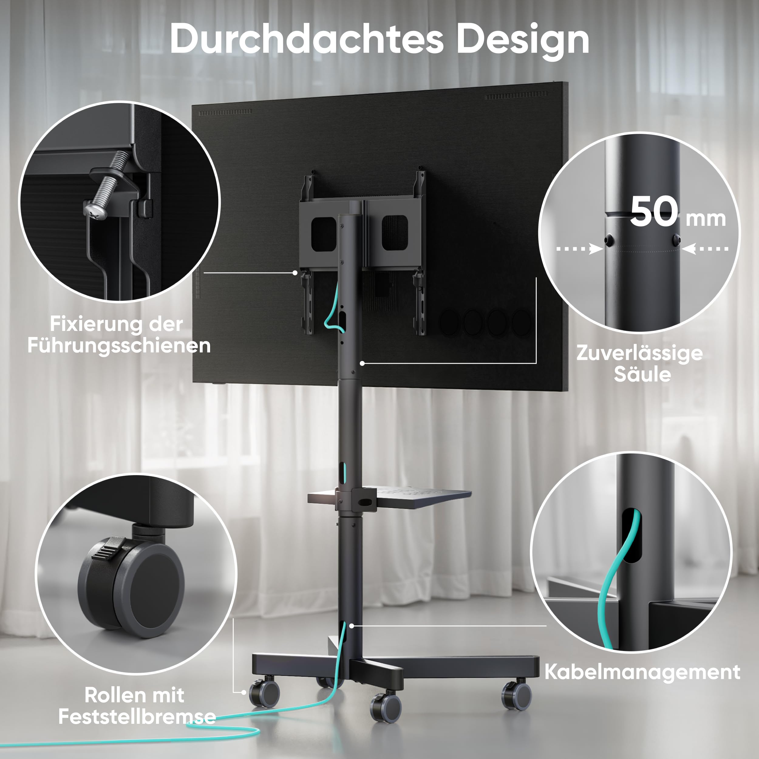 ONKRON TV Ständer rollbar für 23-60 Zoll Fernseher, max Last 45 kg, mobiler TV Standfuss höhenverstellbar, Fernseh Rollwagen max VESA 400x400, Fernsehständer mit Rollen, Ablage Schwarz TS1137-B