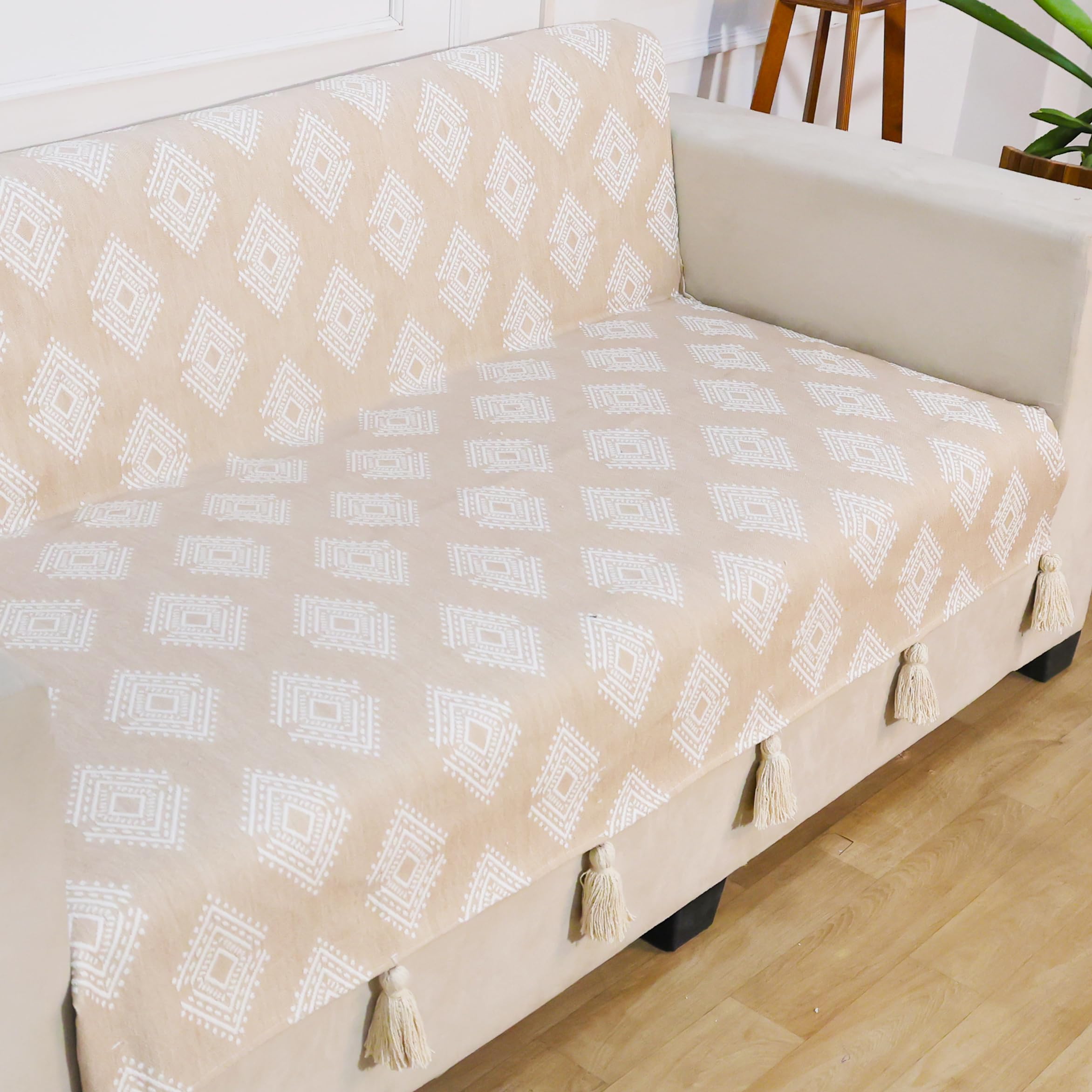 STITCHNEST 'Verdant Rekhika Stories' 2 Seater Sofa Cover – Full Coverage| Elegant Jacquard Fabric, Decorative Tassels, Washable & Durable for Modern Living
