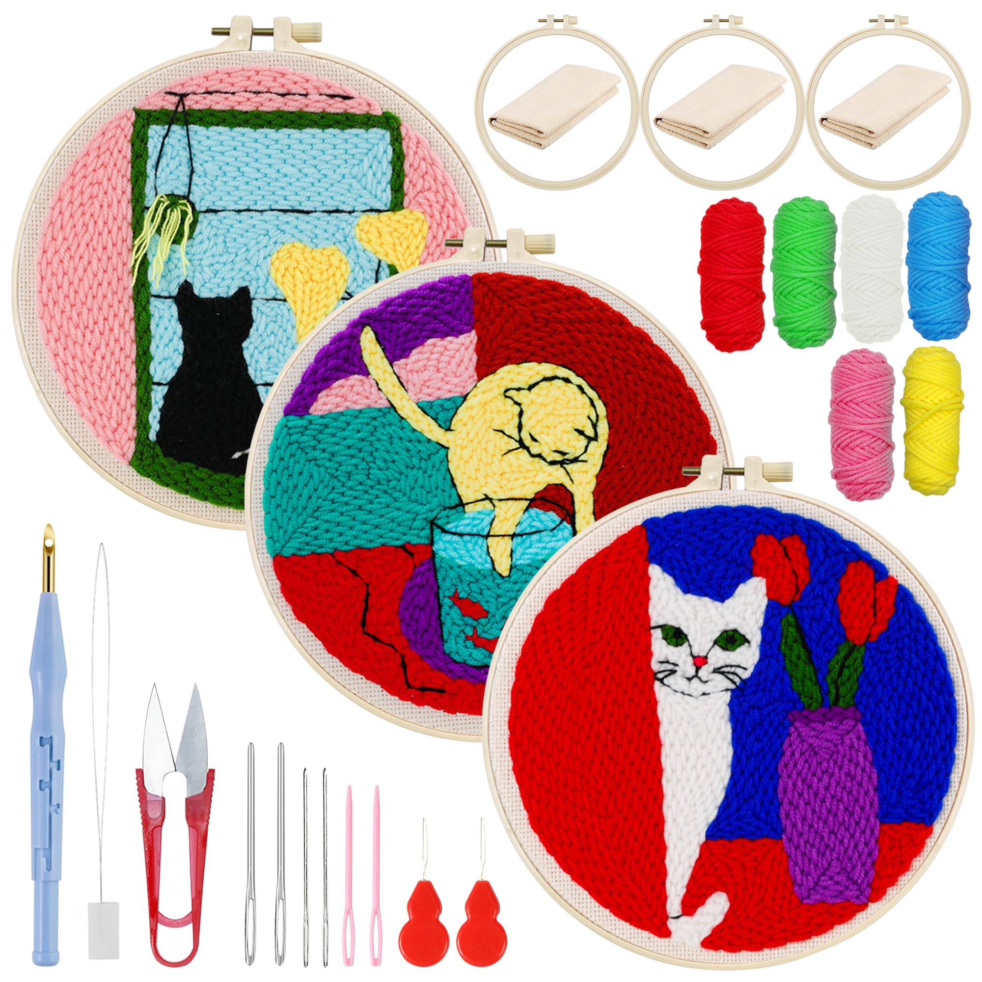 Woohome Punch Needle Kit, Kit per Ricamo con Ago Istruzioni, Strumento di Ricamo per Principianti per Principianti Adulti (Gatto e Vaso)