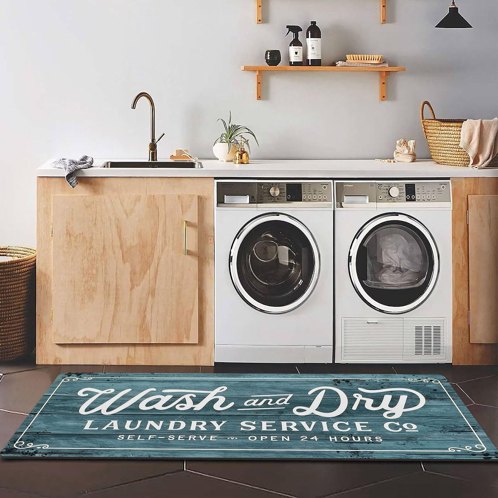 KOZYFLY Laundry Room Rug Runner 24"x60" Non Slip Kitchen Rugs Washable Laundry Room Mat Waterproof Mudroom Floor Carpet Runner Farmhouse Decor, 2x5ft, Cyan, Wash and Dry — image 1