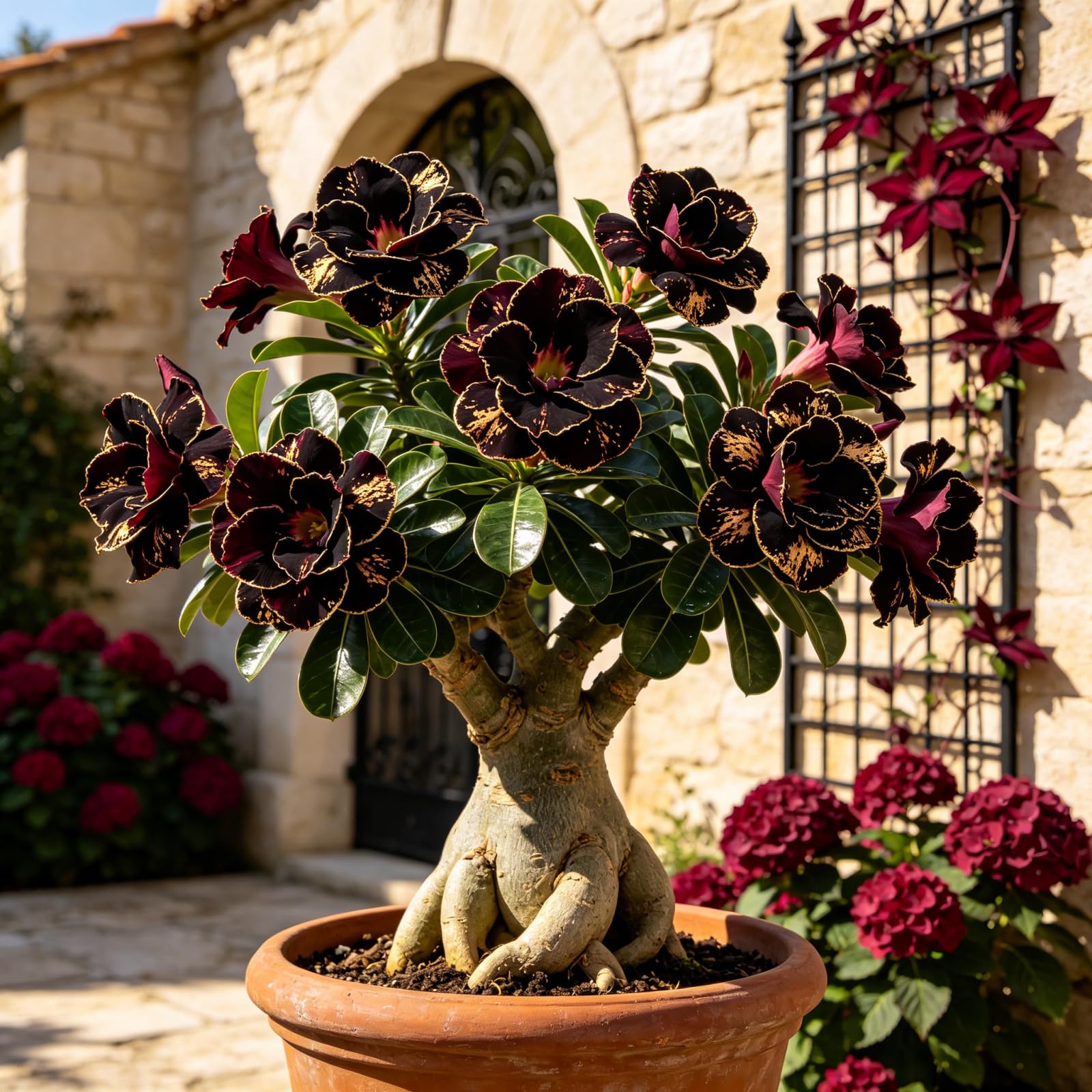 Rosa del Deserto Variegata Perenne, Rizoma Forte, Resistente all’Ombra e al Freddo Invernale-3bulbi-F