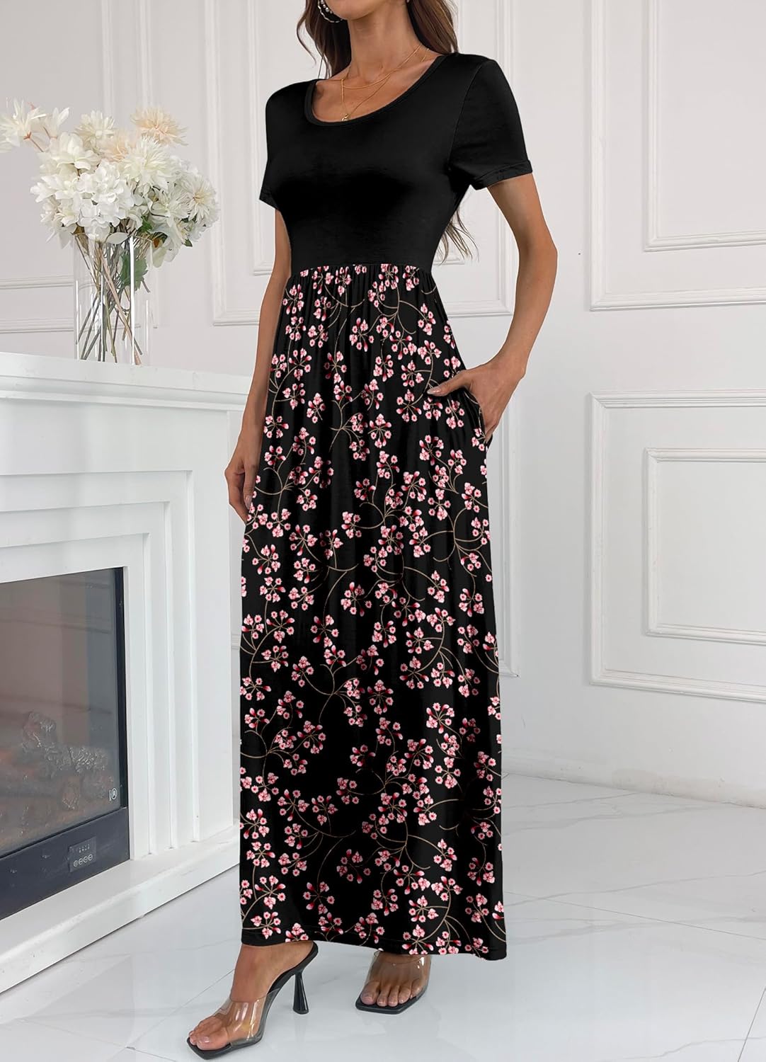 Women's Short Sleeve Floral Print Scoop Neck Loose Plain Maxi Dresses Casual Long Dresses with Pockets(Gypsophila Black L) - Image 2