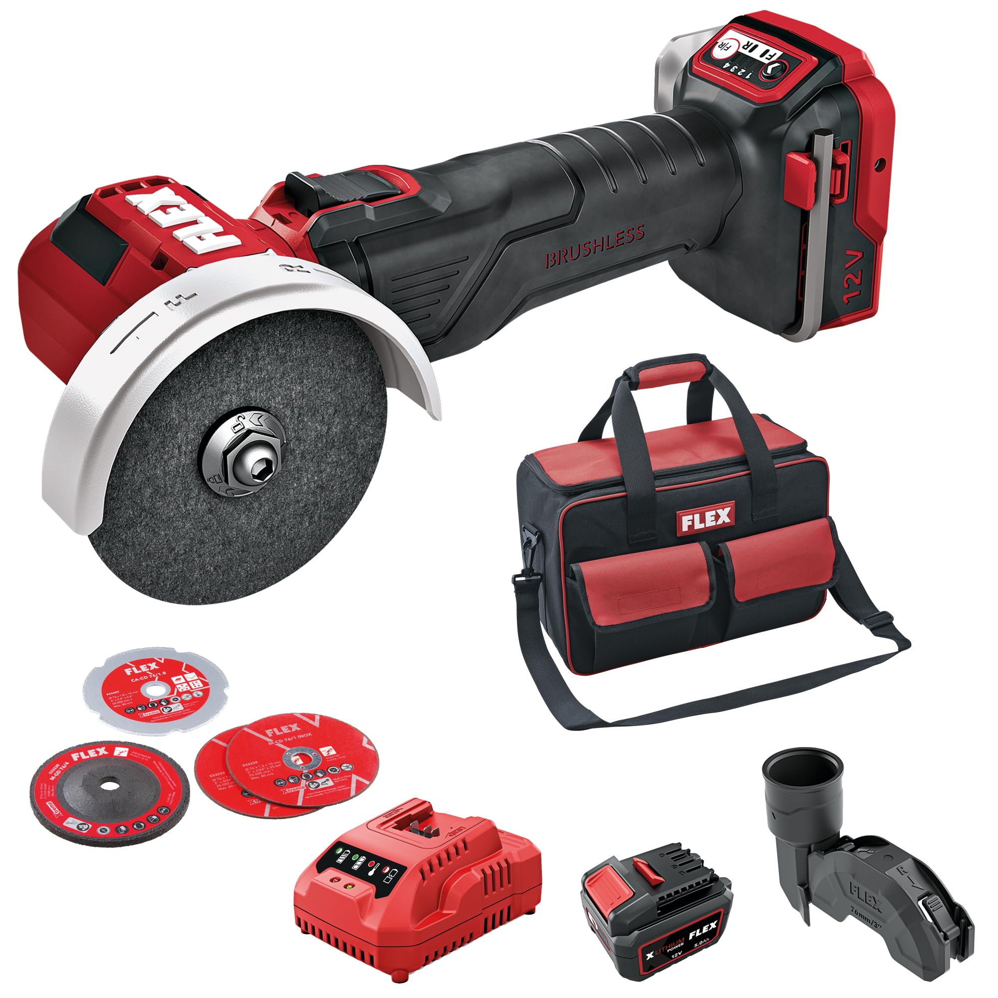 Flex Akku Winkelschleifer LBE 76 12-EC Set (schwarz/rot, LBE 76 12-EC C + CA + Akku + Tasche, 12 V, mit LED-Anzeige, ergonomisches Design, viel Stauraum, kurze Ladezeiten) 535121